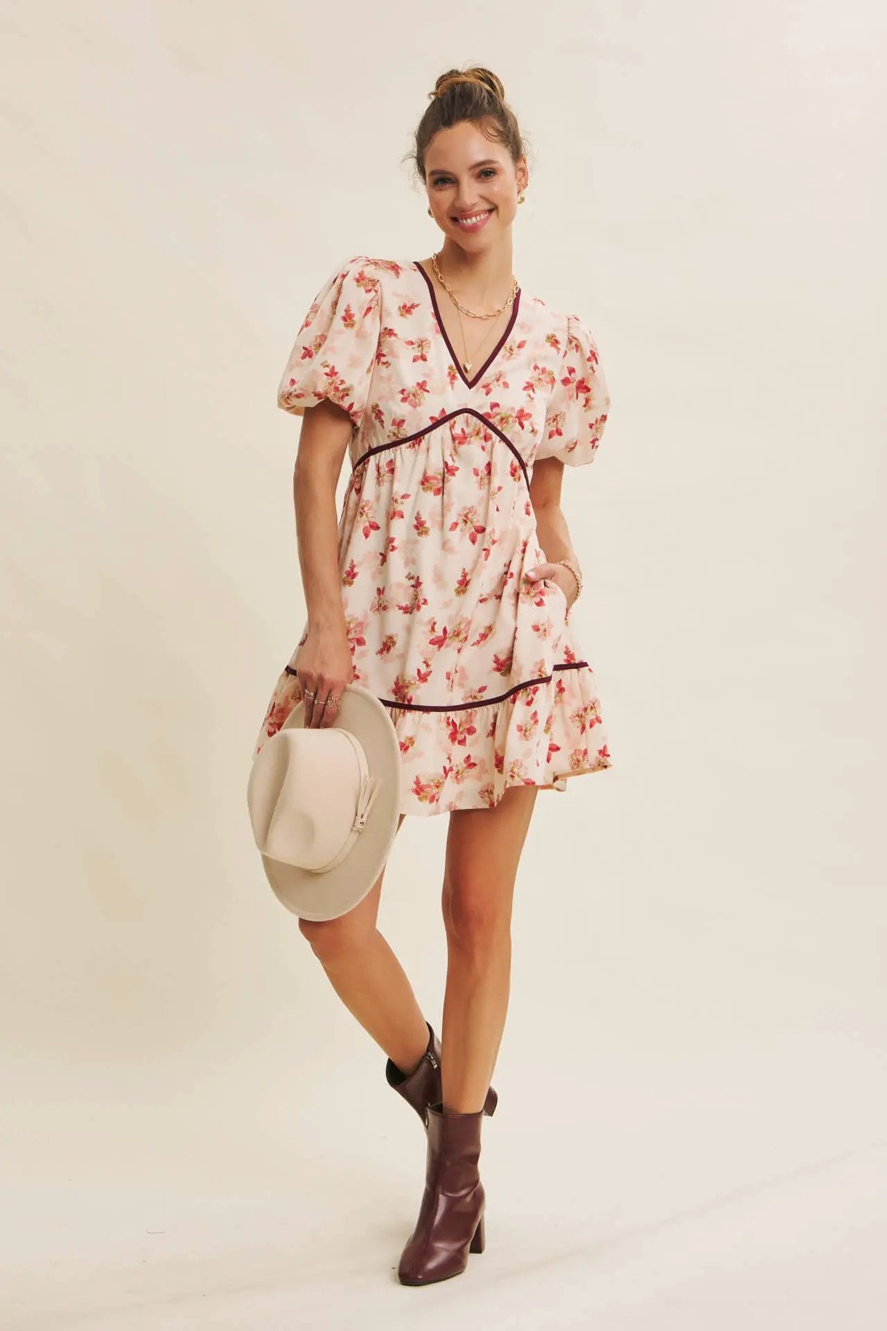 in february The Utterly Darling Cranberry Bubble Sleeved Mini Dress With Contrast Bow - Sweaters