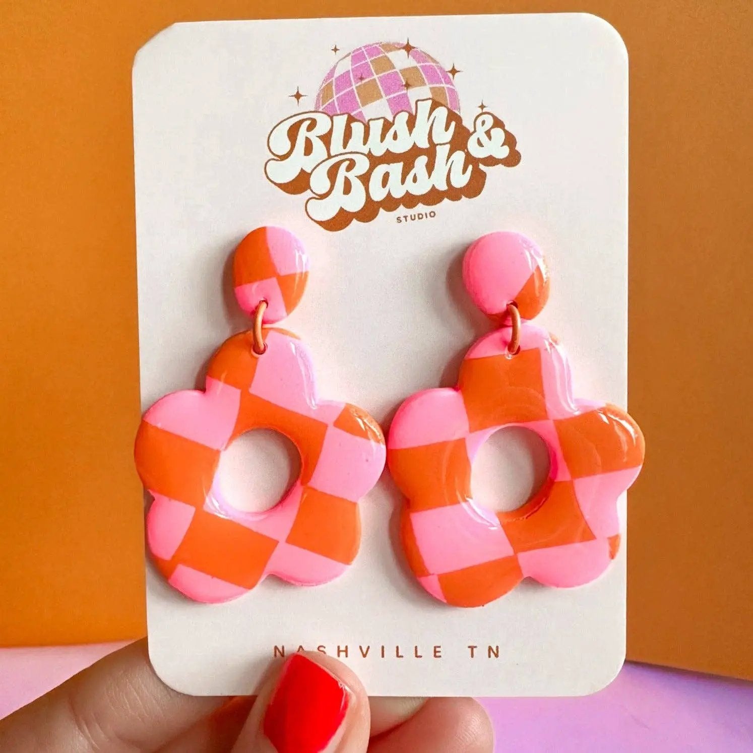 Blush and Bash Studio Blush and Bash Studio - Pink and Orange Checker Print Flower Earrings - Earrings