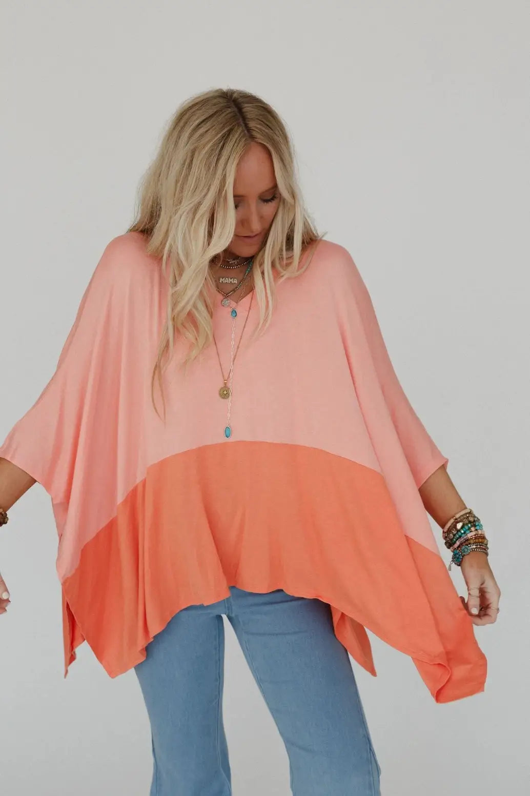 Grateful Threads Boutique Grapefruit Orange Contrast Color Patchwork Oversized Side Split Top - Clothing Tops