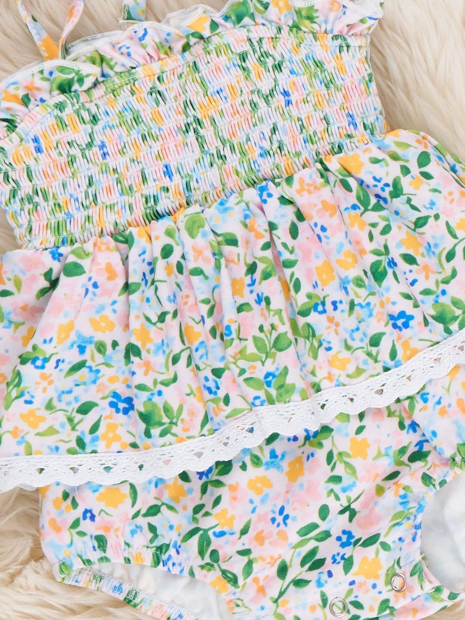 Marie Nicole Clothing Marie Nicole Clothing - Flowerfield Twirl Smocked Ruffle Bubble - BABY - Baby One-Pieces