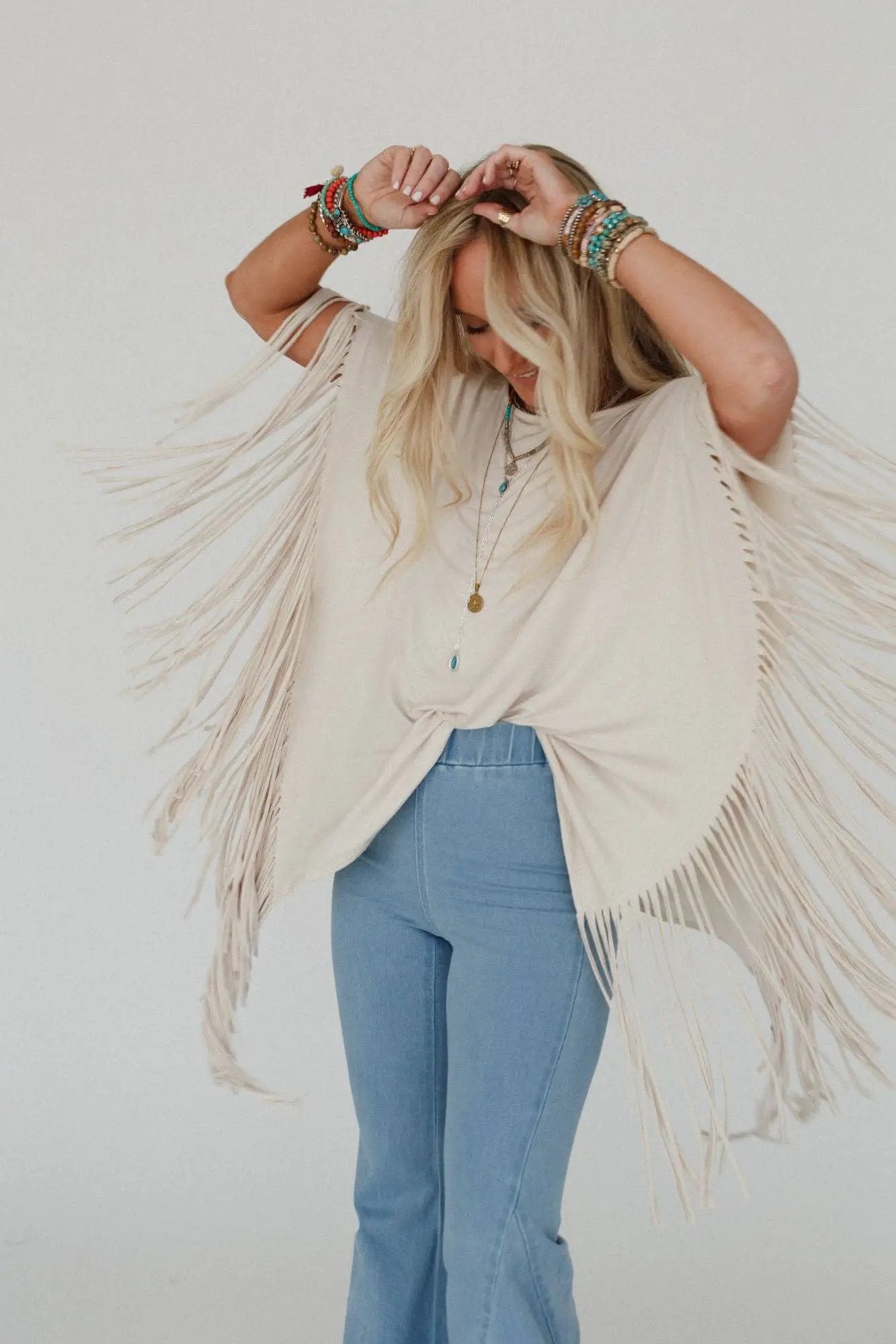 Three Bird Nest Three Bird Nest - Western Showstopper Fringe Top: Cream - Blouses tops-blouses