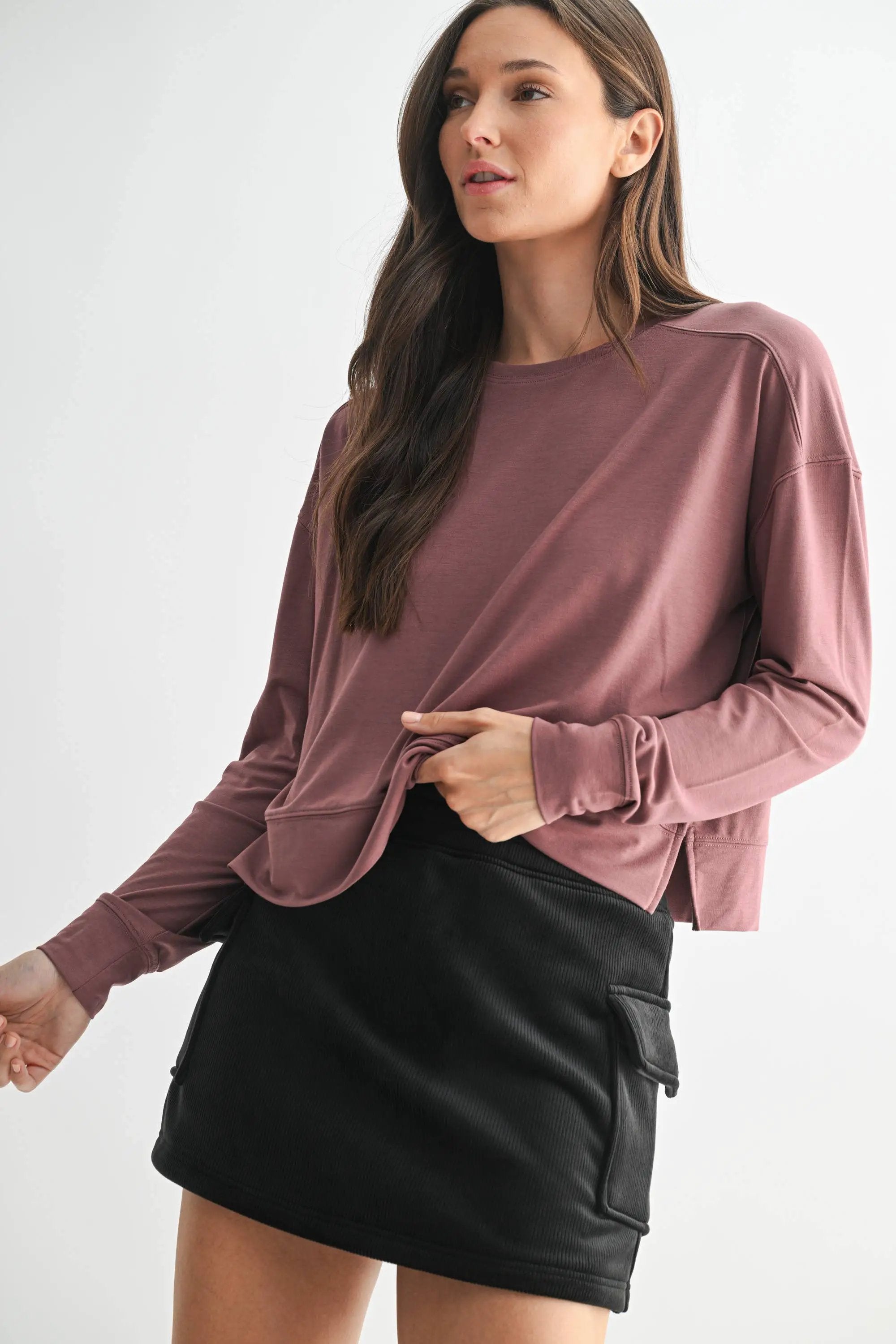 Mono B Mono B - Easy Edge Boxy Long Sleeve in Rose Taupe - Shirts Mono B - Easy Edge Boxy Long Sleeve