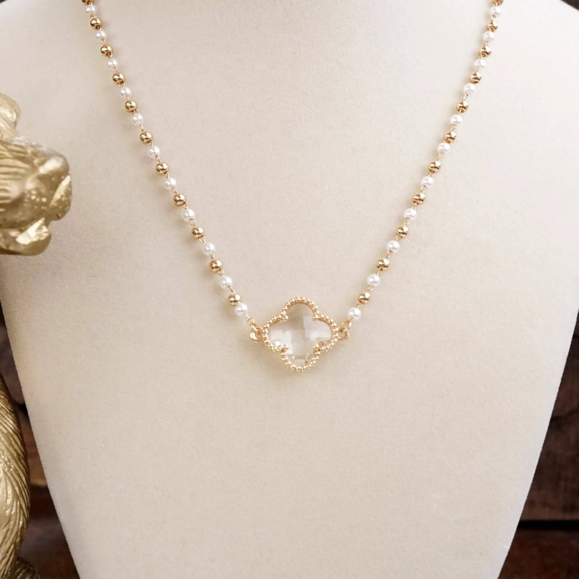 PennyLine inc The Pearled Clover Pendant Beaded Necklace: Gold - Necklaces