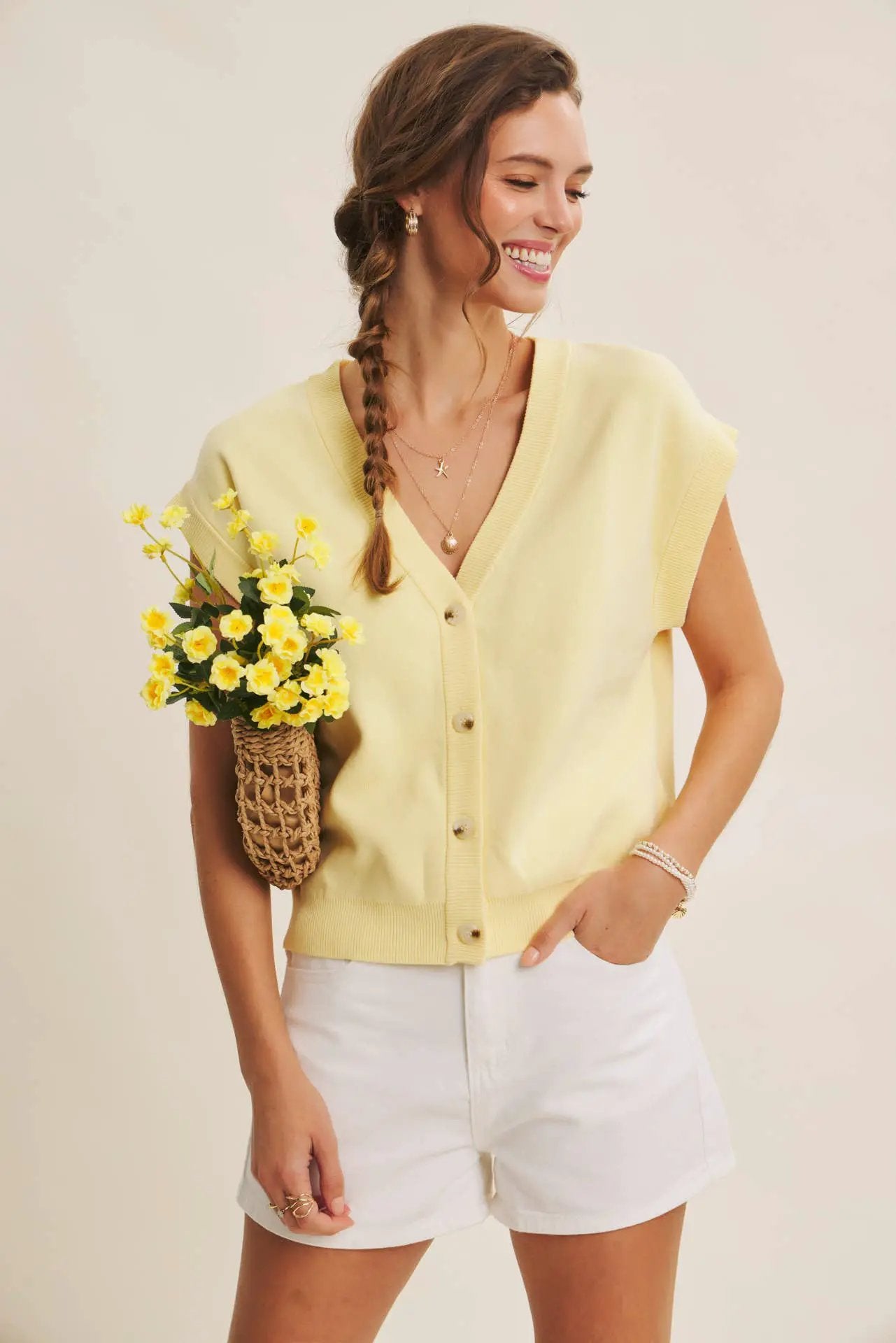 in february Multi-Way Versatility Soft Cotton Button-Down Sweater Vest: Banana Cream - Dresses