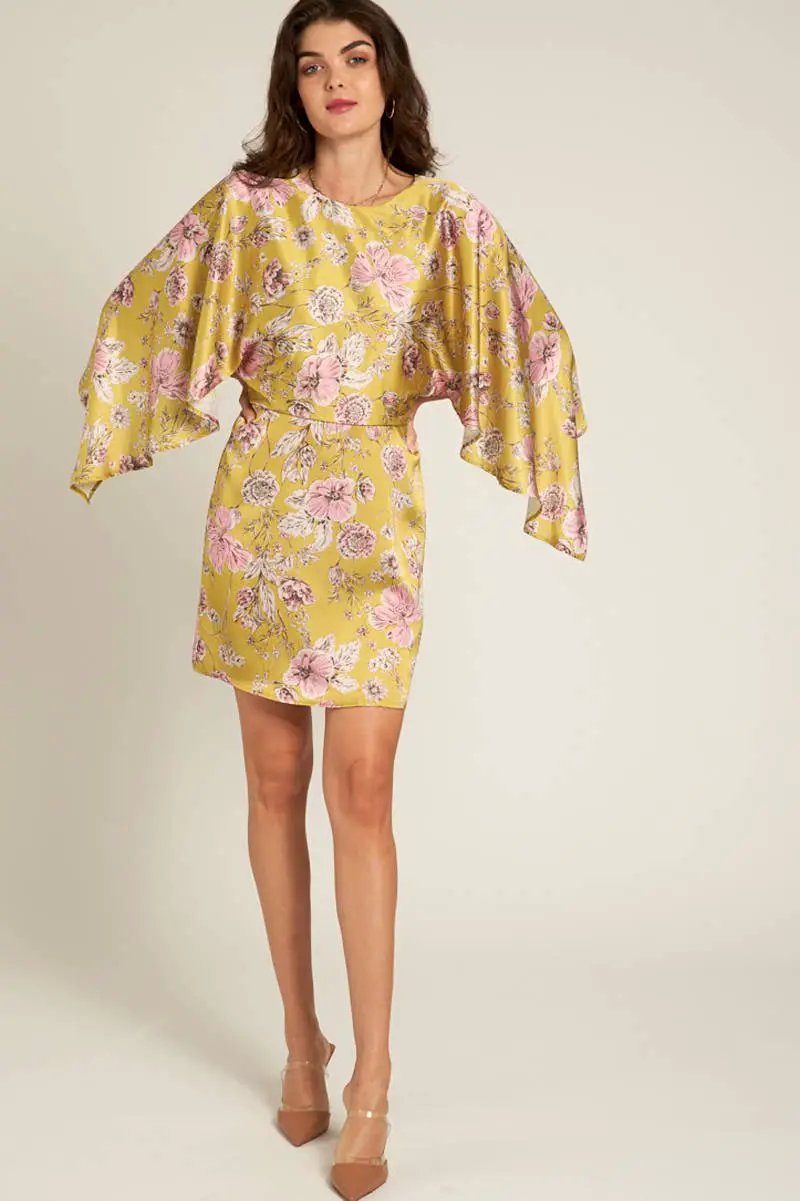 En Crème En Crème Dusty Lime Multi Cape Sleeve Floral Mini Dress - Dresses