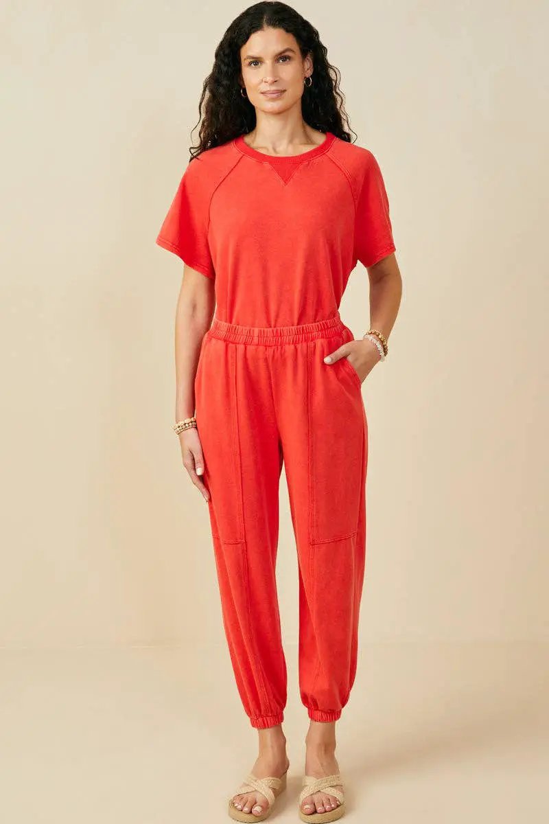 Hayden LA Hayden LA - Womens Washed Paneled Knit Joggers: Red - Joggers
