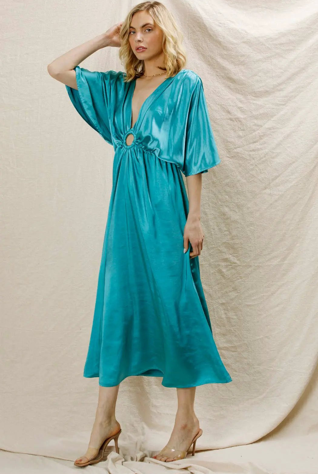En Crème En Crème Aqua V-Neck Satin Maxi Dress with O-Ring Detail - Dresses Satin maxi dress with O-ring detail