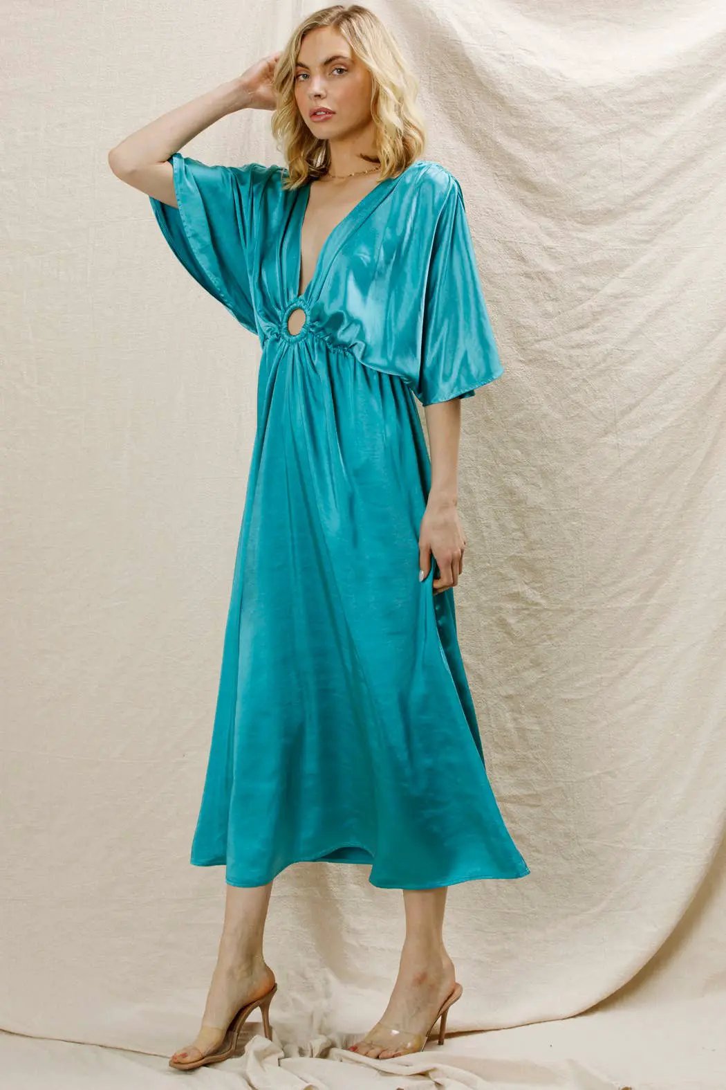 En Crème En Crème Aqua V-Neck Satin Maxi Dress with O-Ring Detail - Dresses Satin maxi dress with O-ring detail