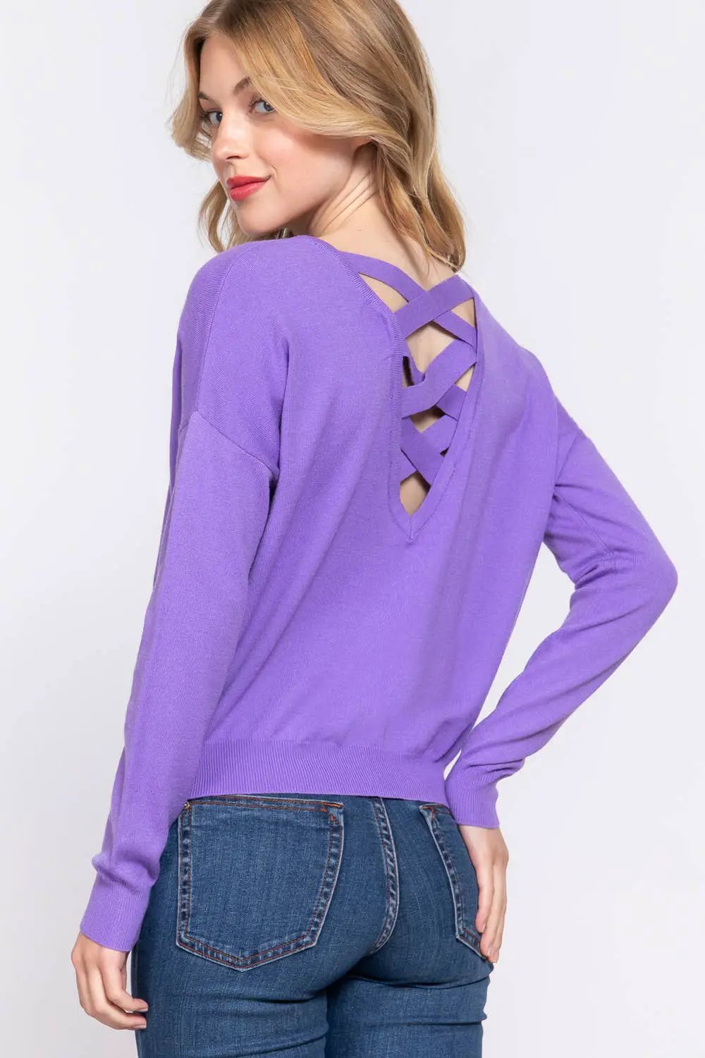 Active Basic | Active USA Purple Cross My Heart V-Neck Sweater - Sweaters Purple V-neck back detailed sweater