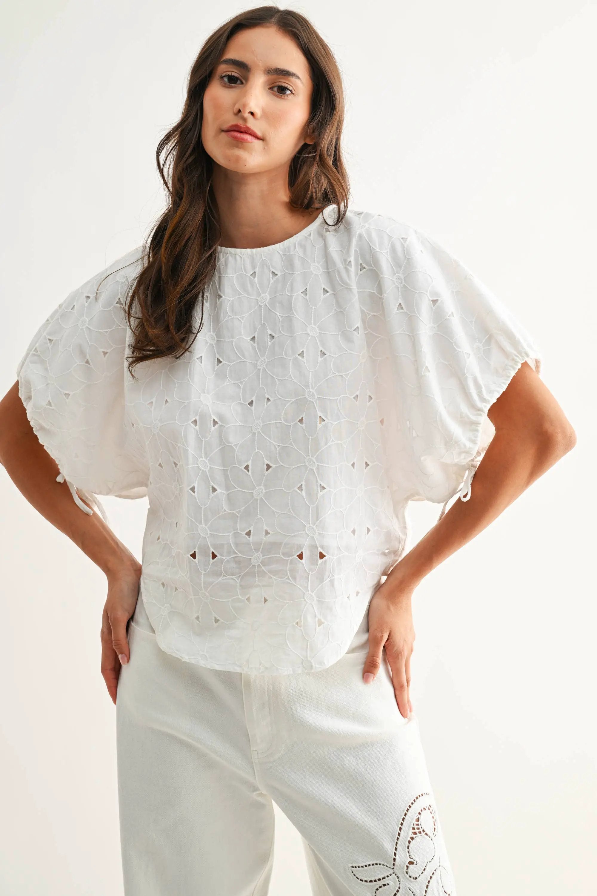 Camellia The Heirloom Stitch Floral Eyelet Cotton Top – Off White - Blouses