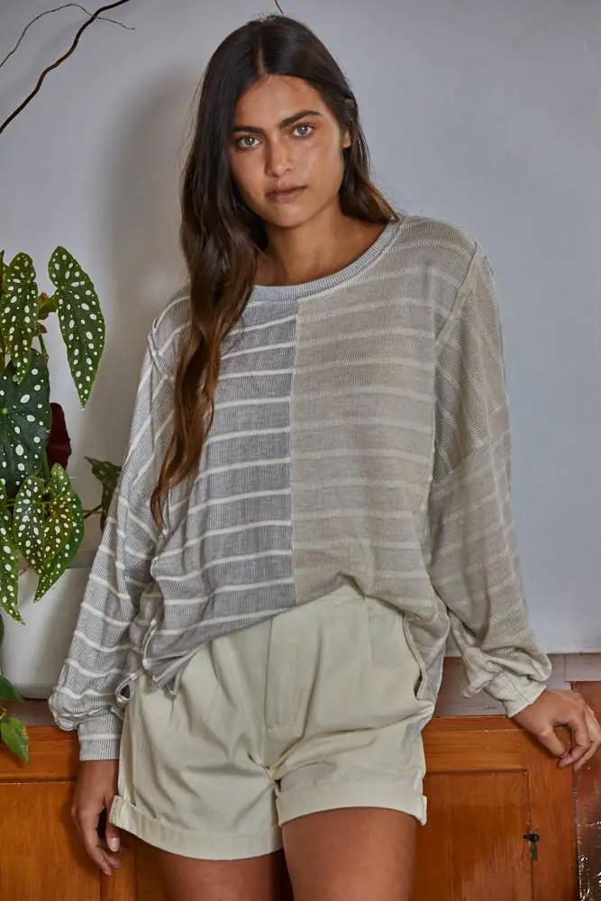 By Together Knit Cotton Ribbed Striped Half Contrast Top - Shirts