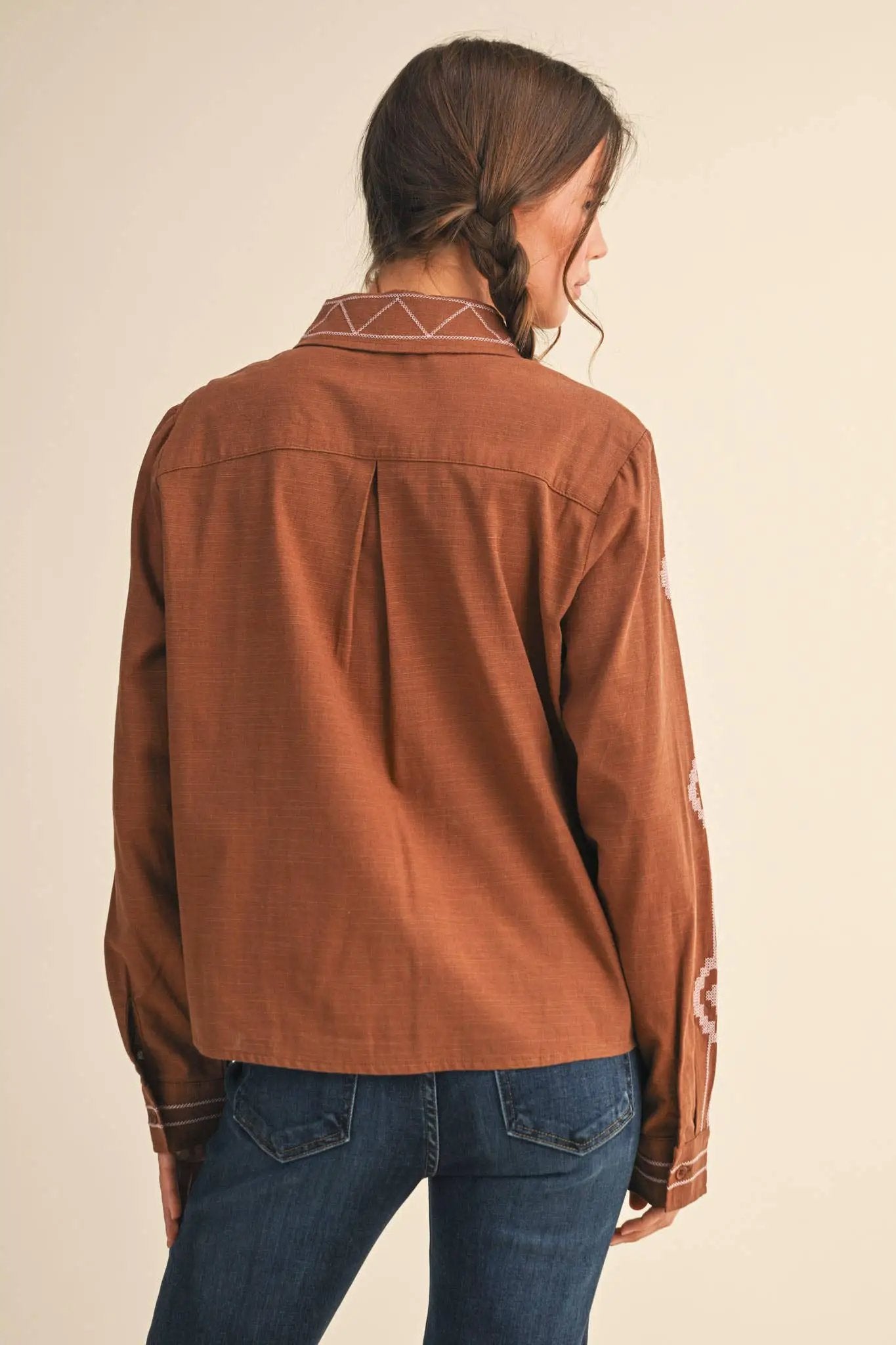 &MERCI &merci - Embroidered Button-Up Top in Mocha Brown - Blouses