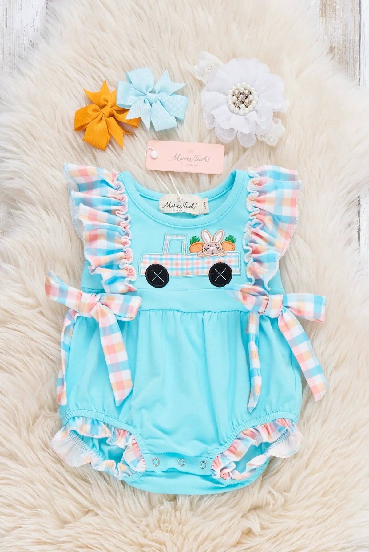 Marie Nicole Clothing The Bunny Carrot Delivery Embroidered Ruffle Bubble Romper - Baby One-Pieces