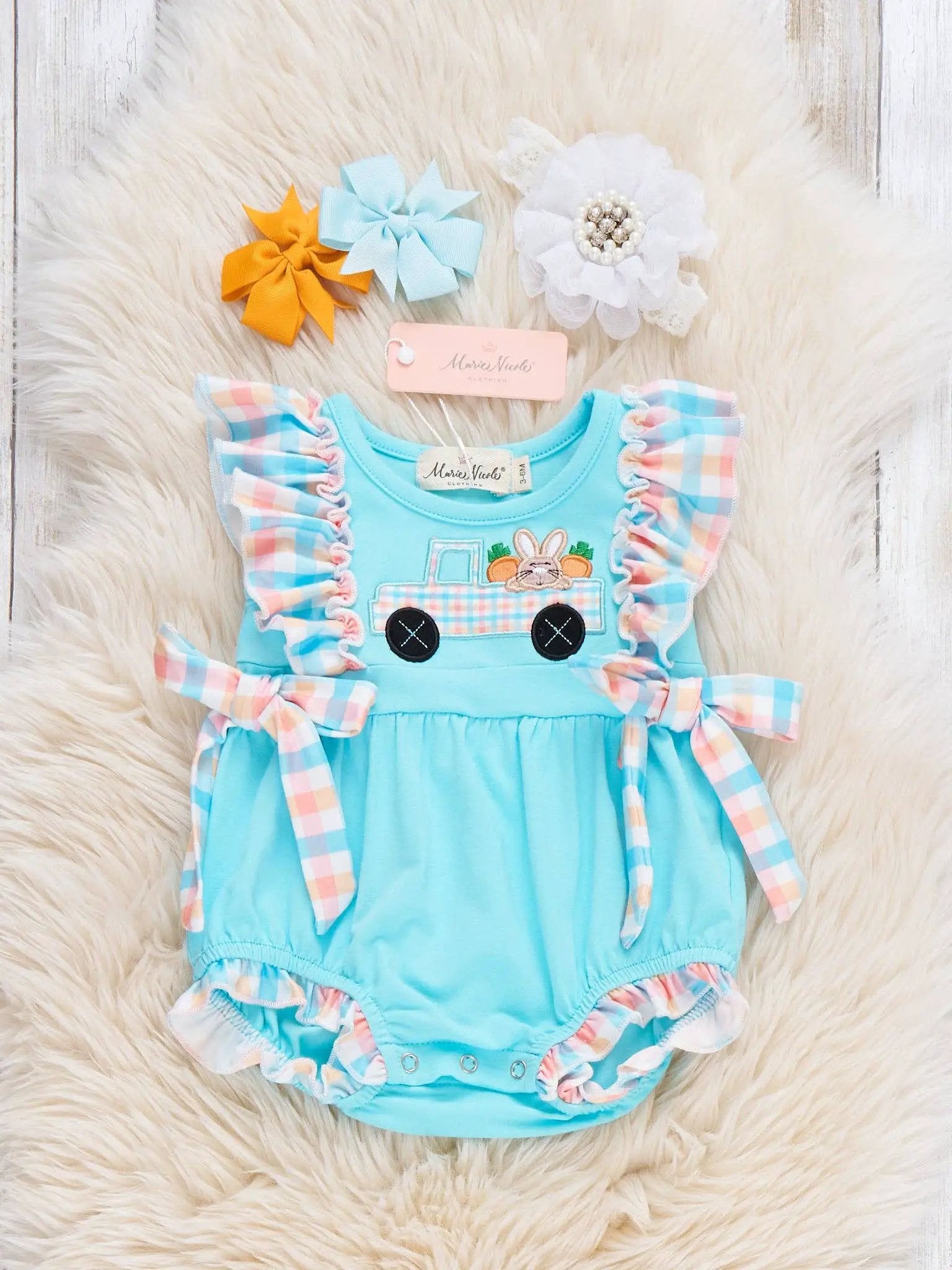 Marie Nicole Clothing The Bunny Carrot Delivery Embroidered Ruffle Bubble Romper - Baby One-Pieces