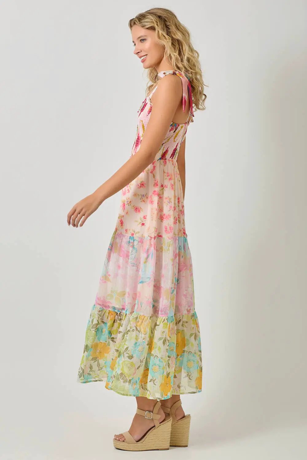 Mystree Mystree Rose Mix Strap Tied Smocked Top Tiered Long Dress - Dresses