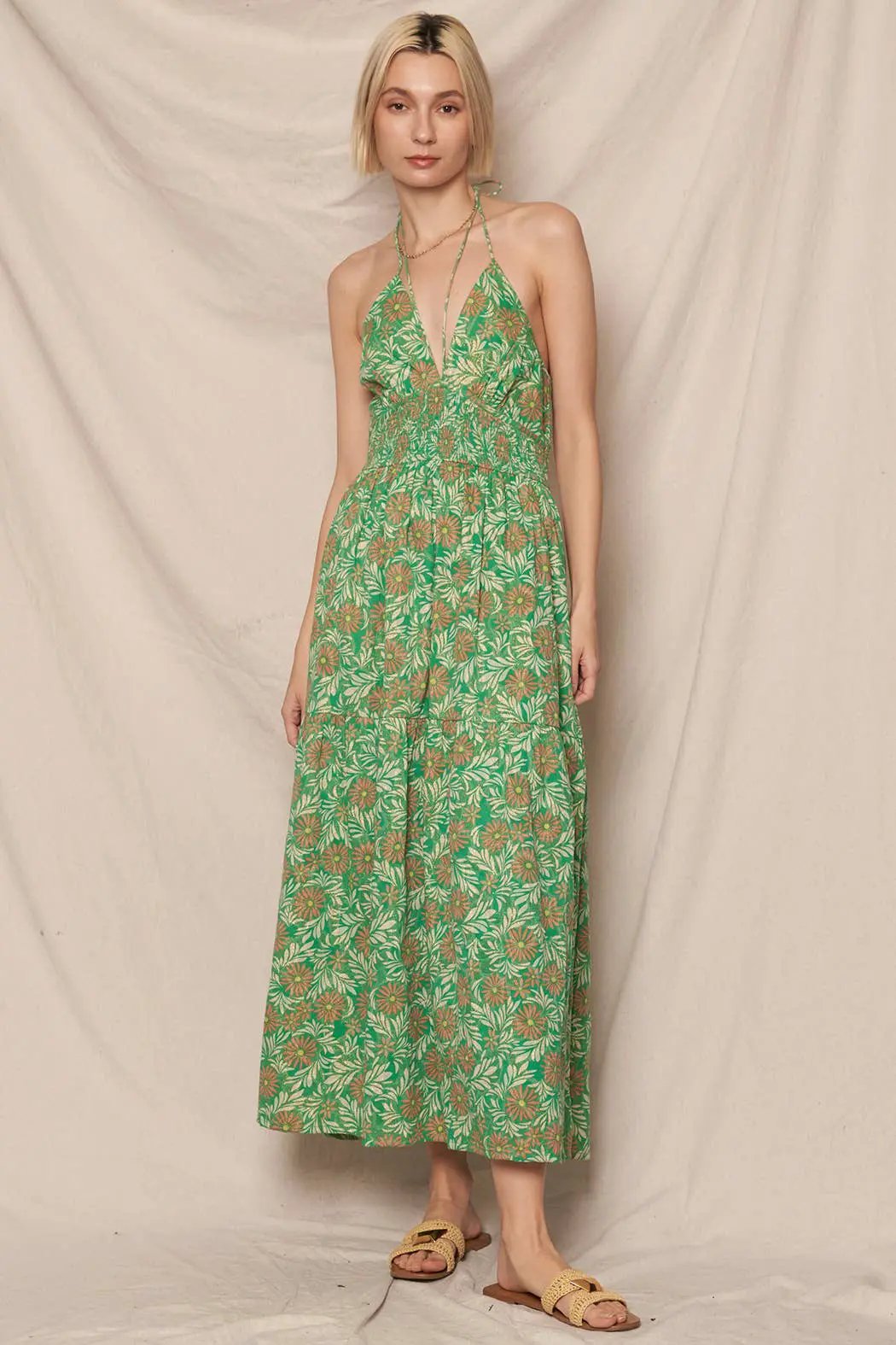 En Crème En Crème Green Floral Print Strappy Halter Neck Midi Dress with Lurex - Dresses floral print strappy dress