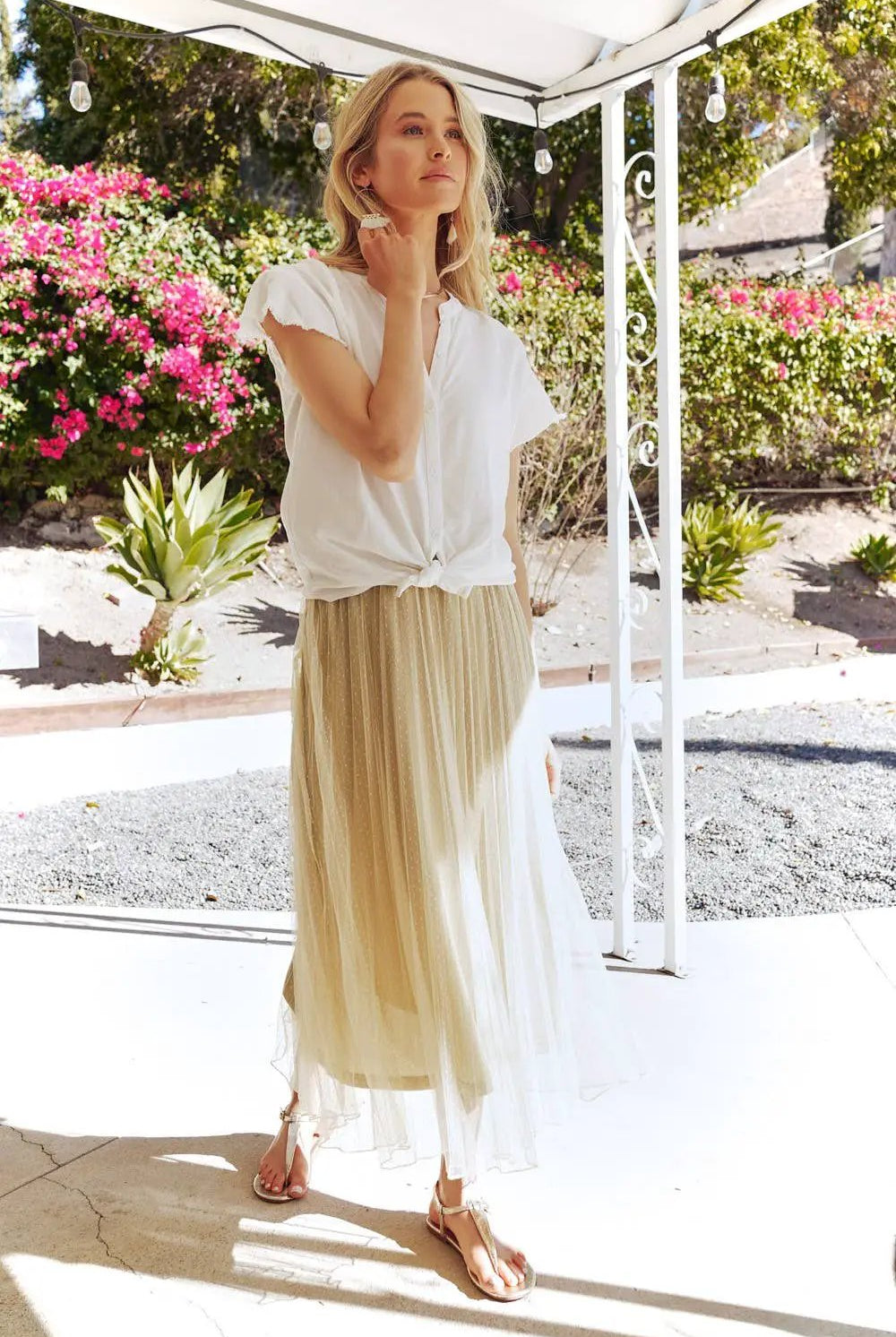 Mystree Mystree - Champagne Daydream Pleated Tulle Midi Skirt - Skirts