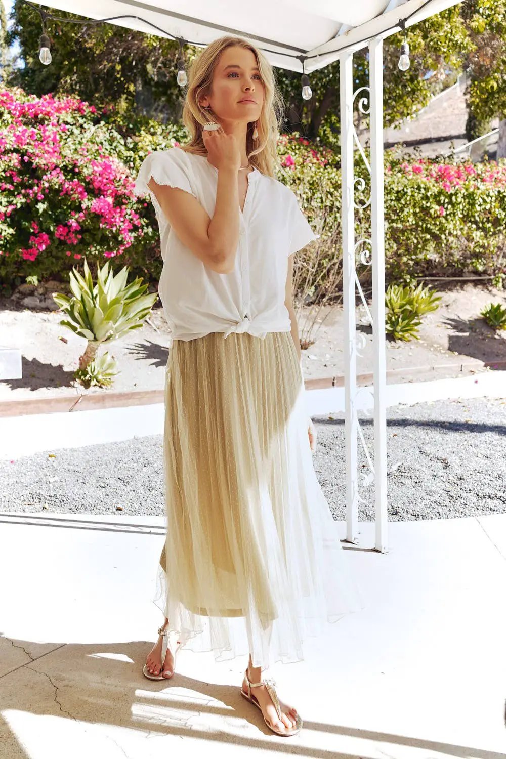 Mystree Mystree - Champagne Daydream Pleated Tulle Midi Skirt - Skirts