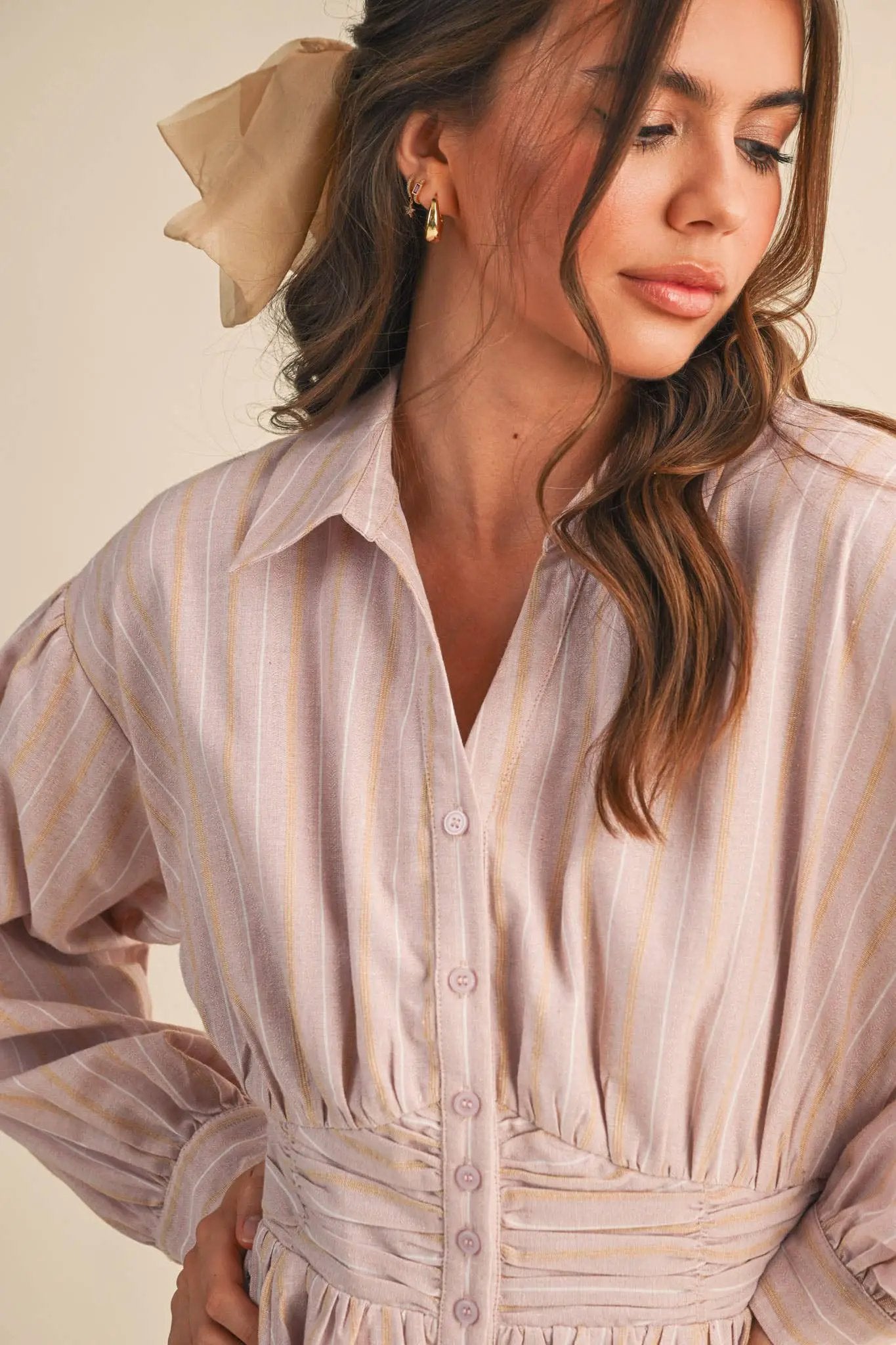 &MERCI Blushing Stripes Ruched Waist Mini Dress - Dresses