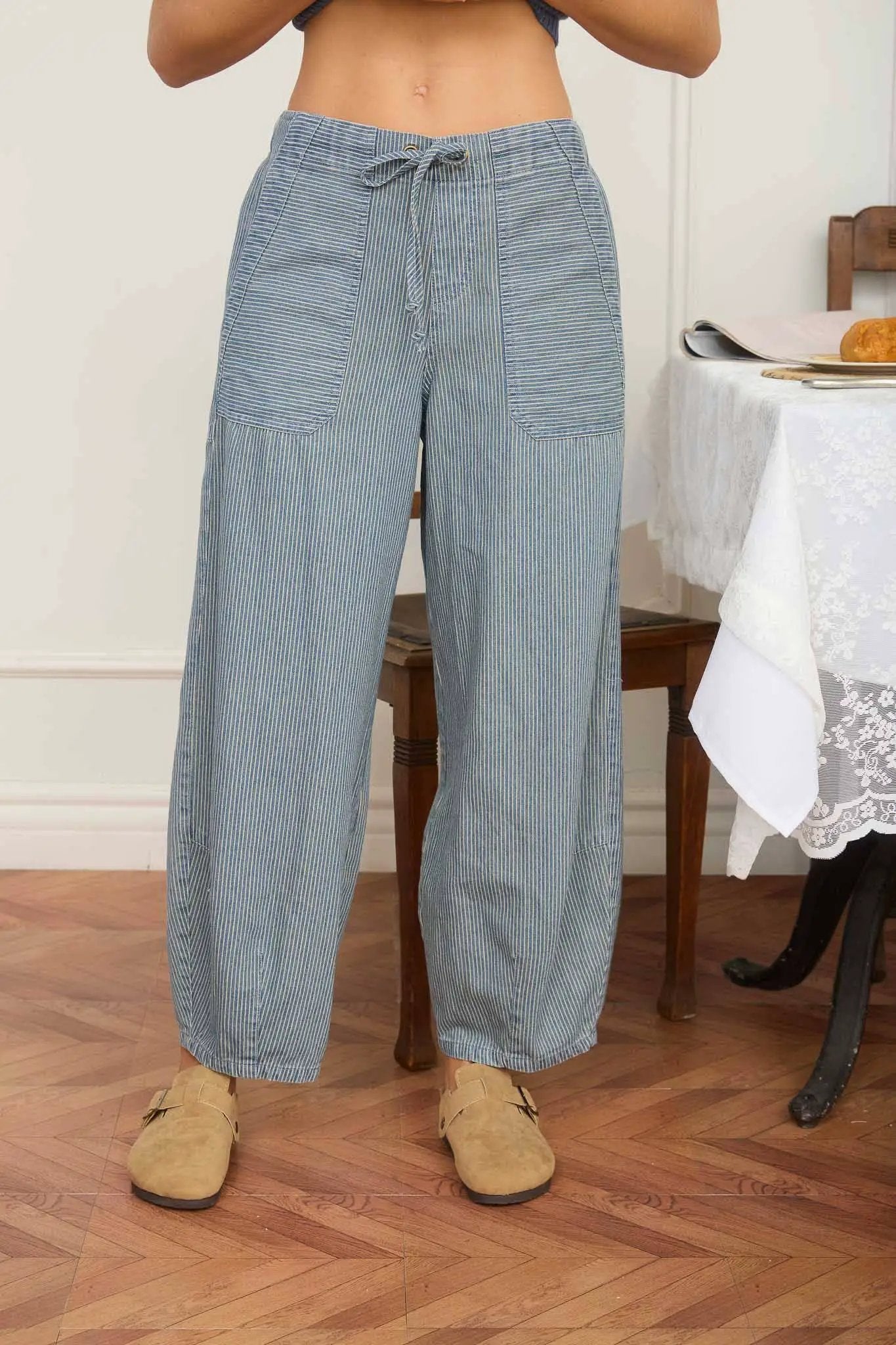 Blu Pepper Blu Pepper High-Waist Stripe Denim Parachute Pants with Drawstring Tie - Pants