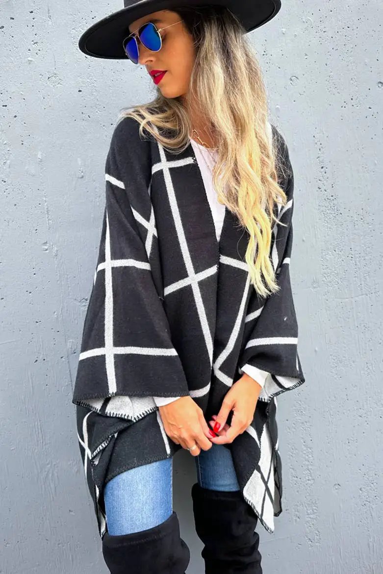 AMOLI AMOLI - Black Grey Dual-Tone Check Printed Cozy Reversible Ruana - Cardigans