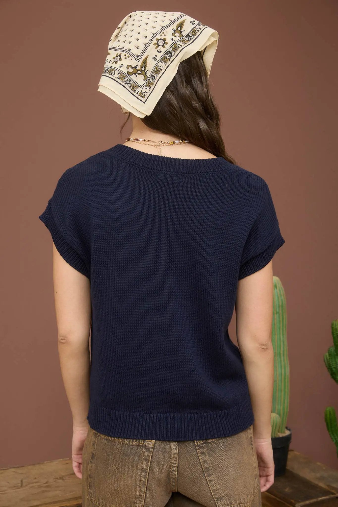 Blu Pepper Boot Bow Jacquard Short Sleeve Navy Knit Sweater - Sweaters