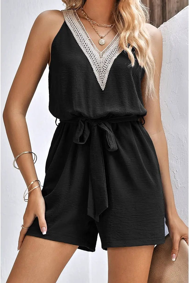 Supreme Fashion Lace Trim V Neck Sleeveless Tank Romper - One-Pieces Lace Trim V Neck Sleeveless Tank Romper
