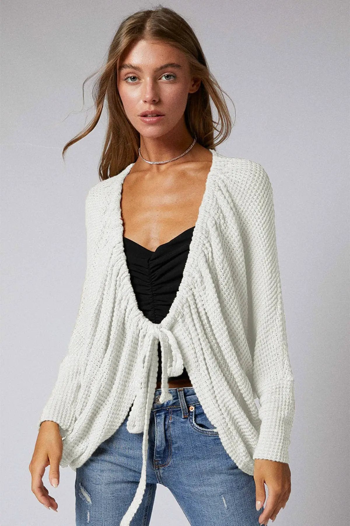 Cerule Cream Ruched Tie Front Cocoon Cardigan - Cardigans