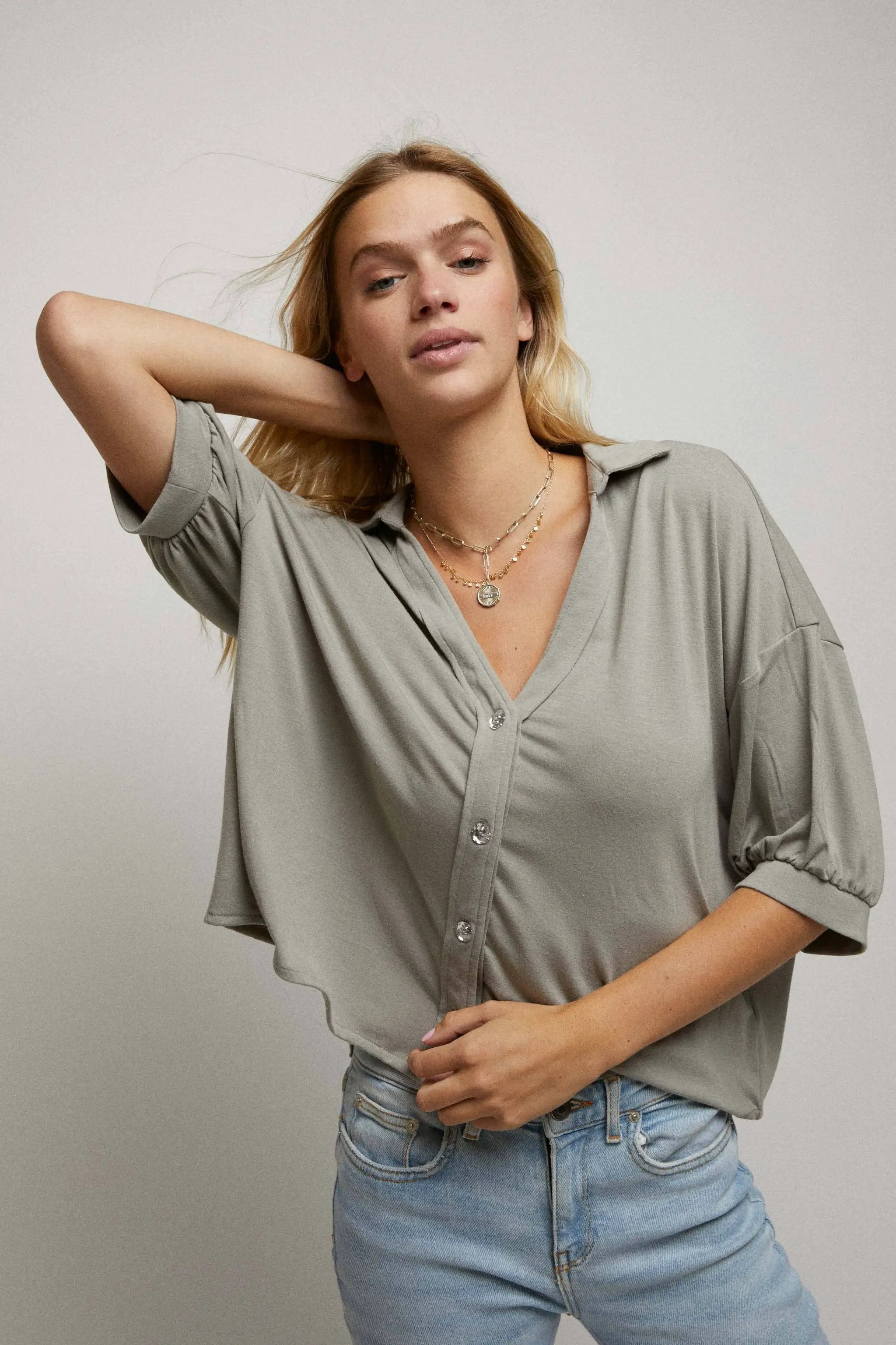 Cerule Elbow Sleeves W/Rhinstone Button Down Crop Shirt - Shirts