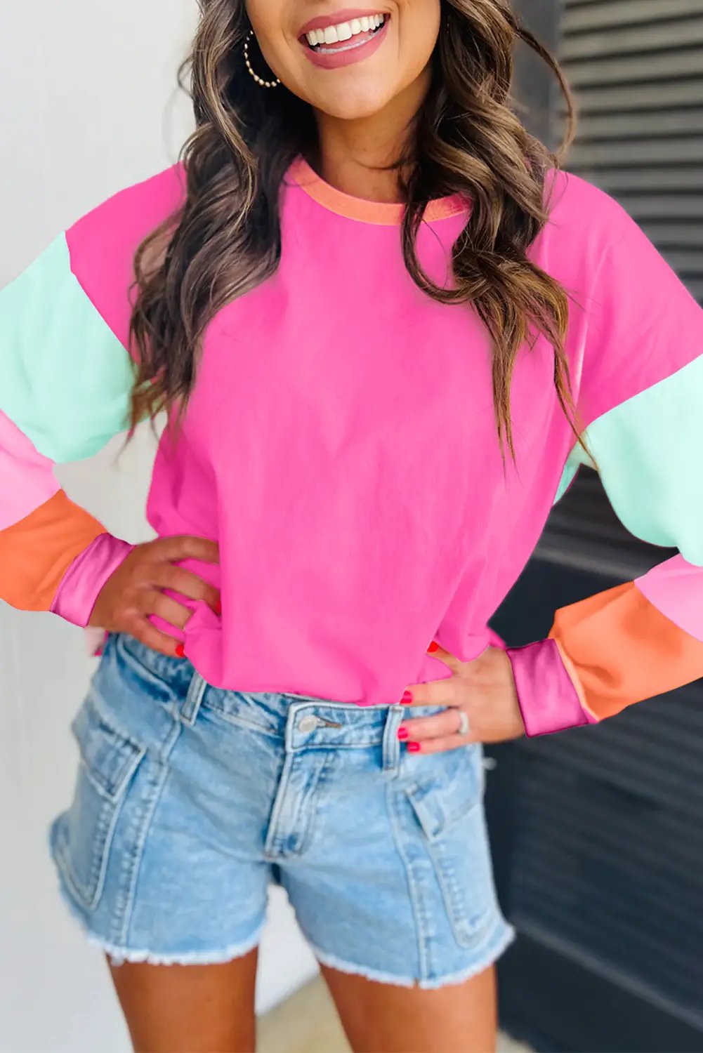 Grateful Threads Boutique Rose Red Colorblock Patchwork Long Sleeve Loose Top - Shirts Rose Red Colorblock Patchwork Long Sleeve Loose Top