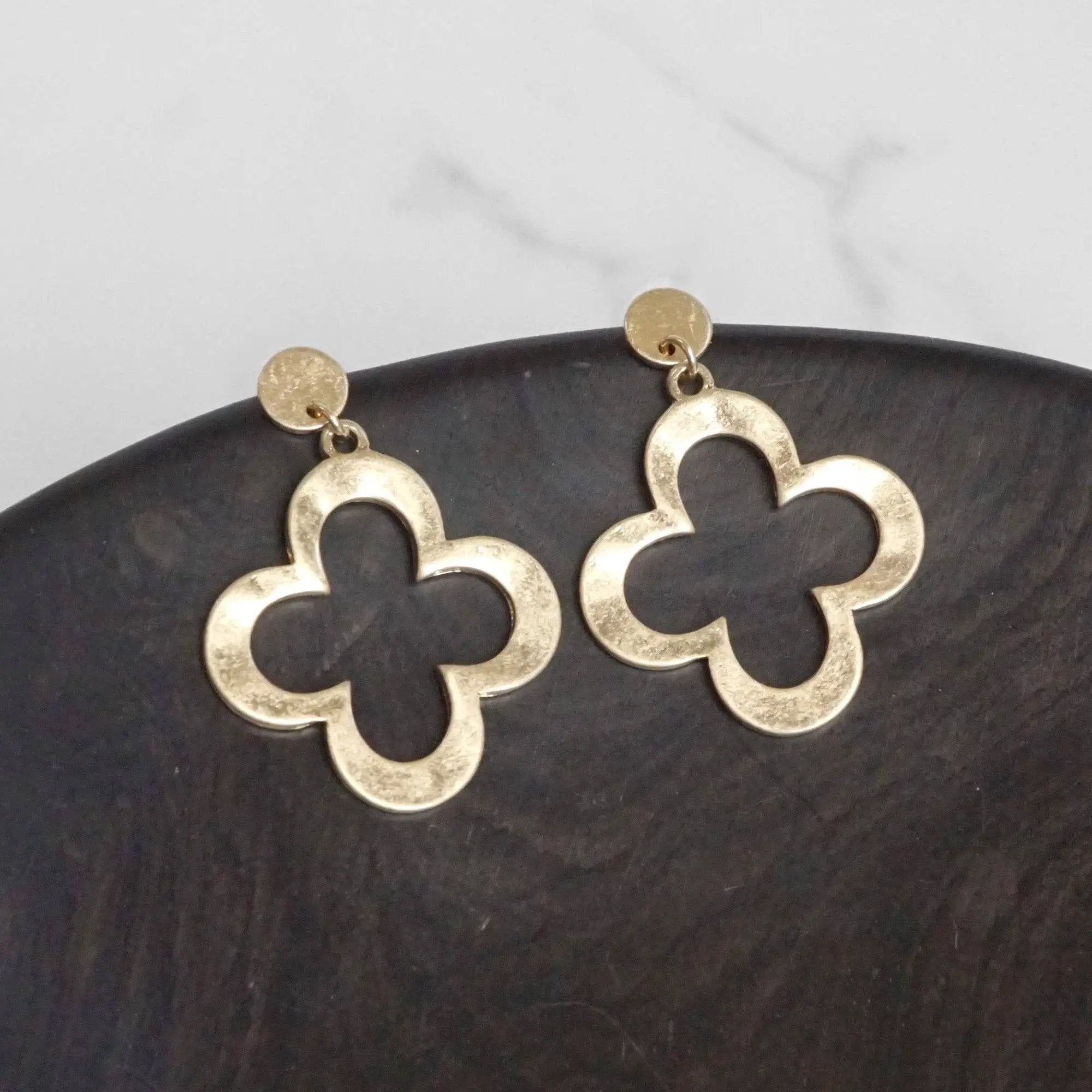 PennyLine inc The Hammered Clover Distressed Drop Earrings: Gold - Jewelry hammered drop earrings