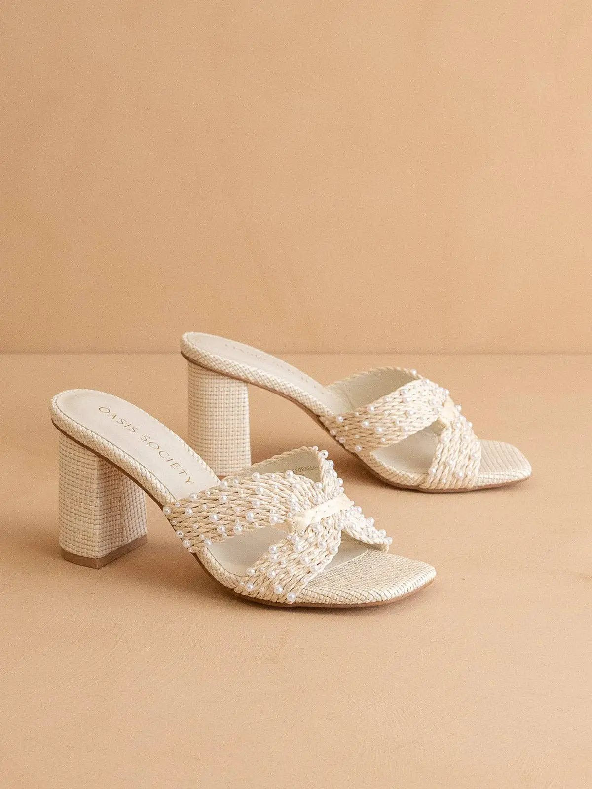 OASIS SOCIETY The Tiara | White Pearl Embroidered Raffia Block Heel - Heels