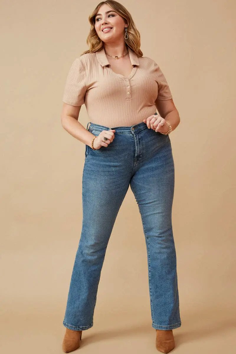 Hayden LA Hayden LA - Women's Back Cutout Collared Rib Bodysuit: Taupe - Bodysuits