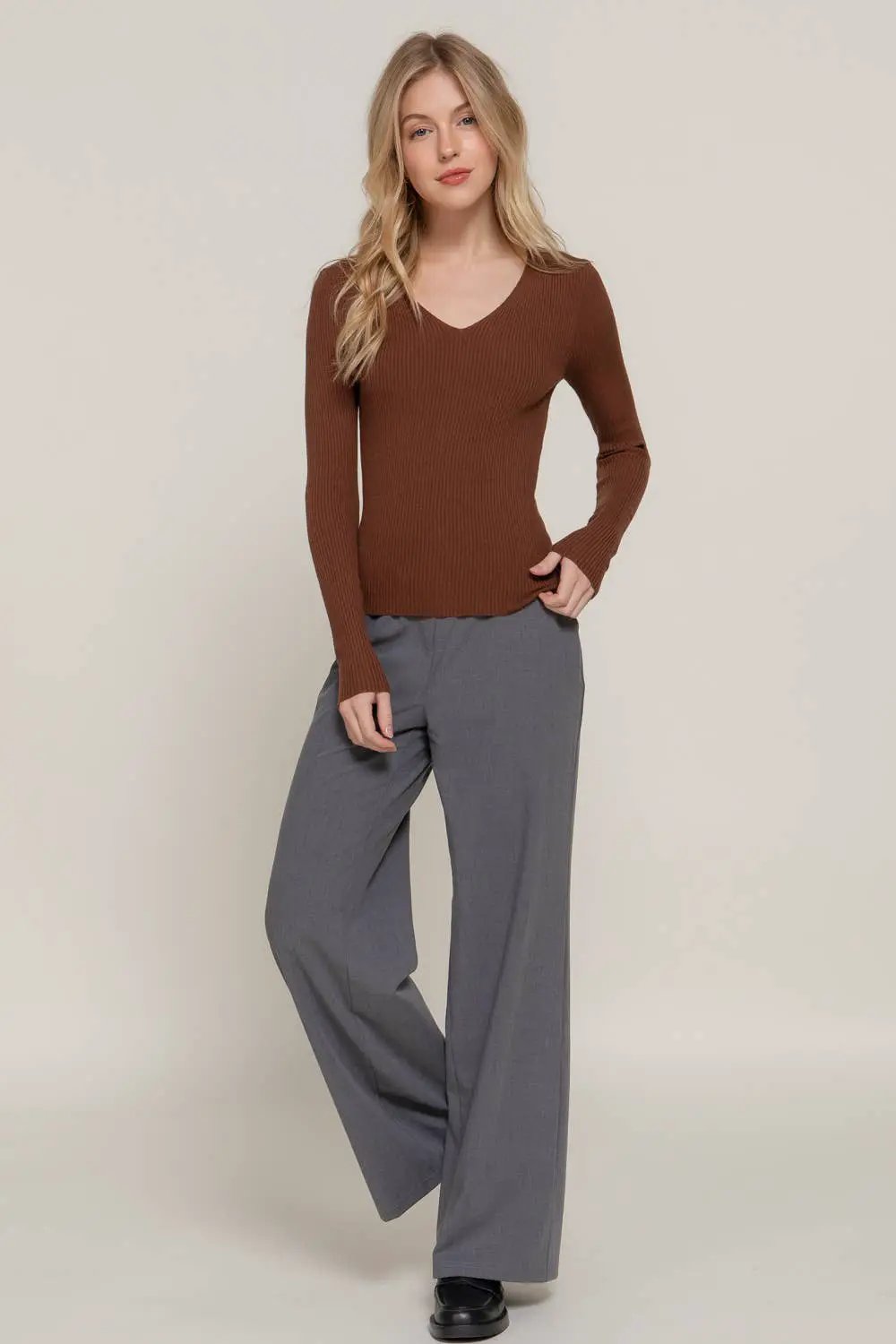 Active Basic | Active USA Coffee Break Ribbed Viscose V-Neck Sweater - Sweaters