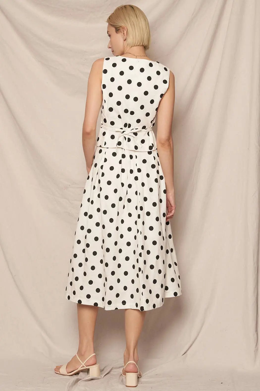 En Crème En Crème White Pleated A-Line Midi Skirt with Black Polka Dots - Skirts