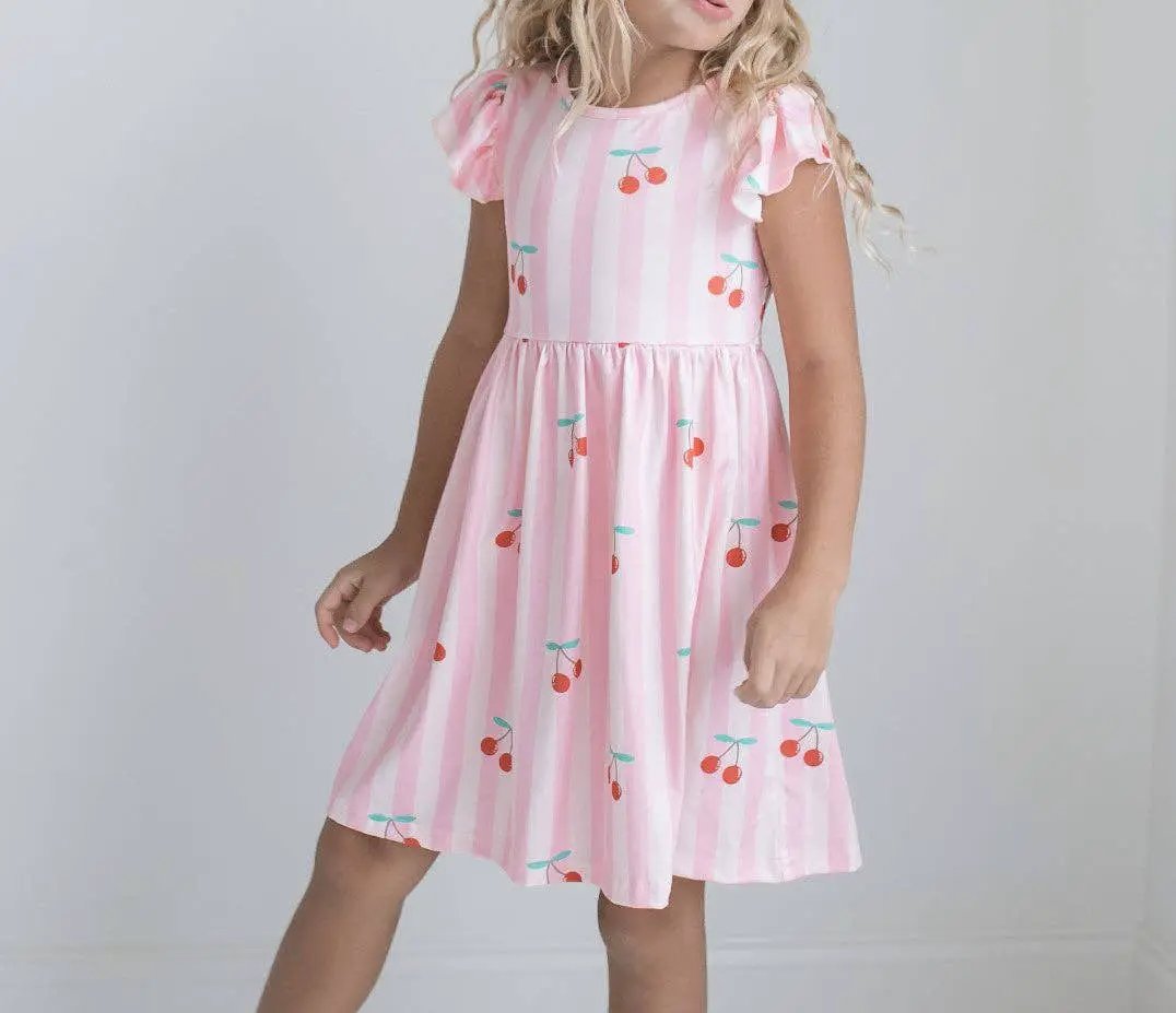 Adorable Sweetness Adorable Sweetness - Girls Claire Pink Stripe Cherry Spring Summer Twirl Dress - Dresses