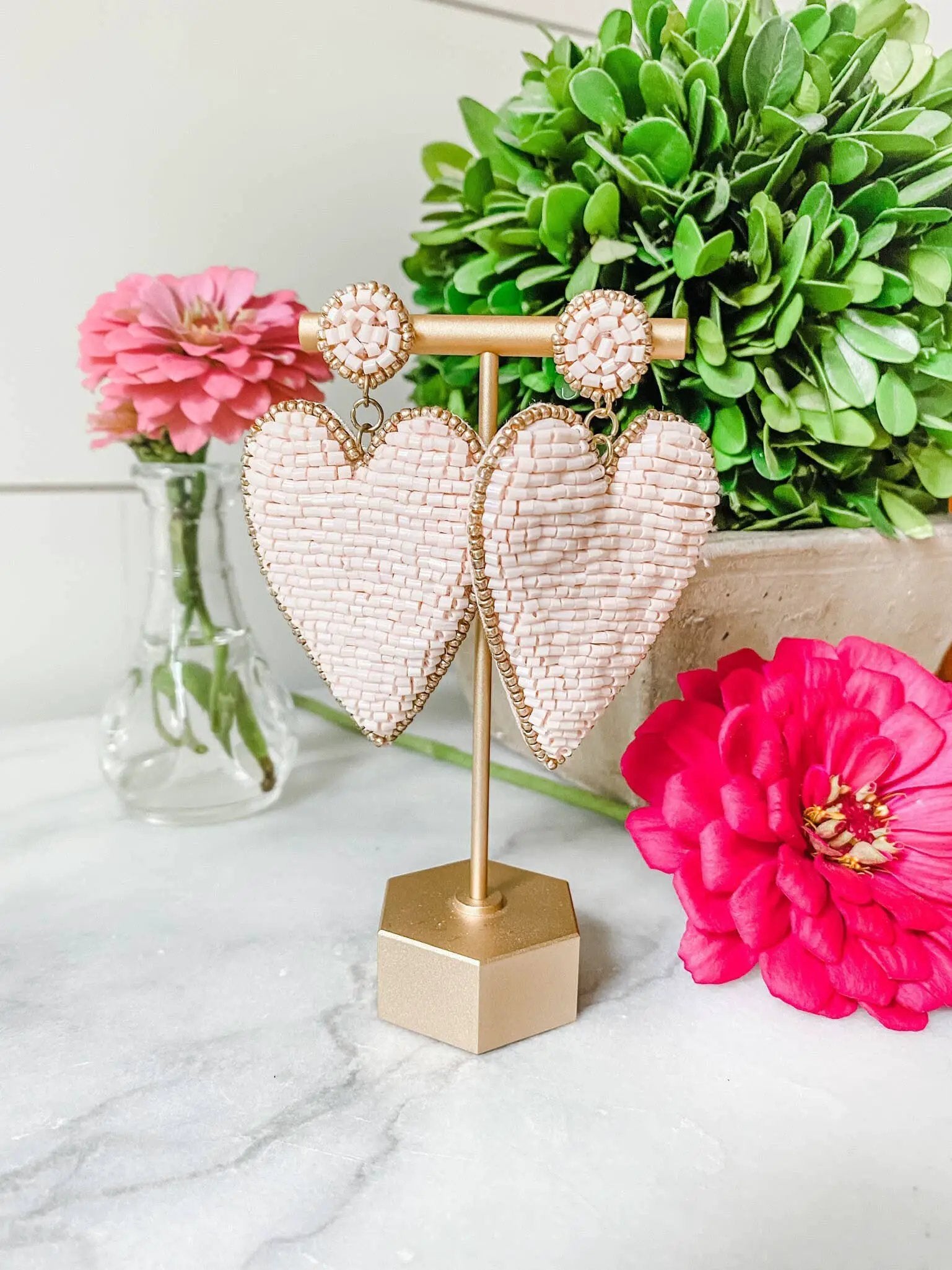 Brookhaven Baubles Light Pink Beaded Heart Earrings with Gold Accents - Earrings
