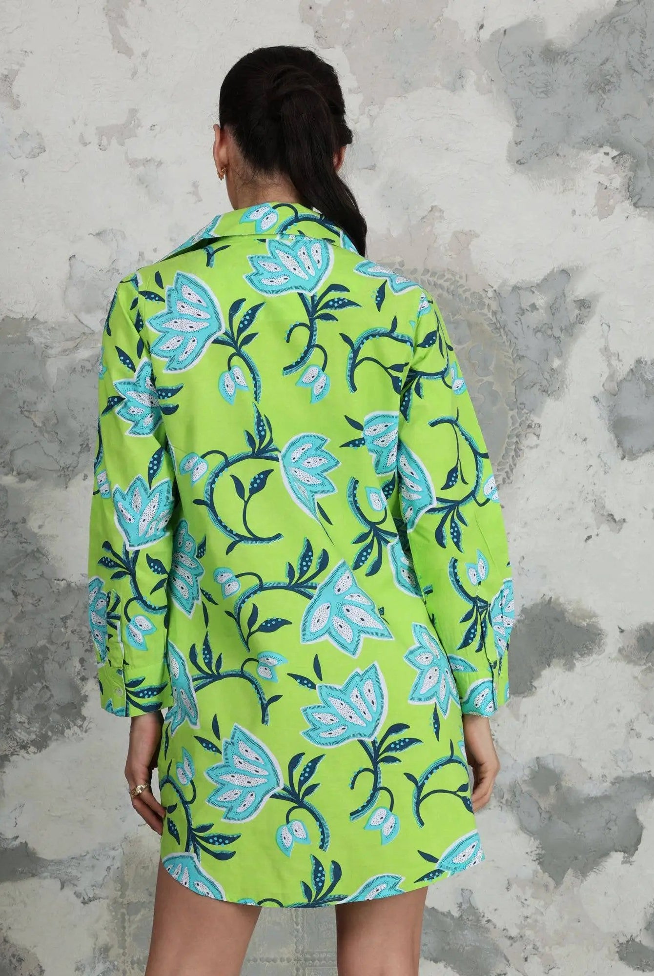 Avani Del Amour Avani Del Amour Lime Green Dancing Flower Long Sleeve Missy Shirt Dress - Dresses