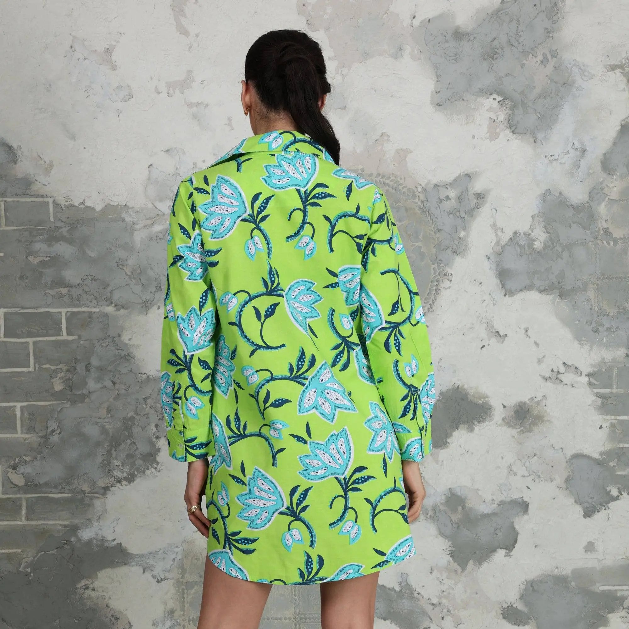 Avani Del Amour Avani Del Amour Lime Green Dancing Flower Long Sleeve Missy Shirt Dress - Dresses