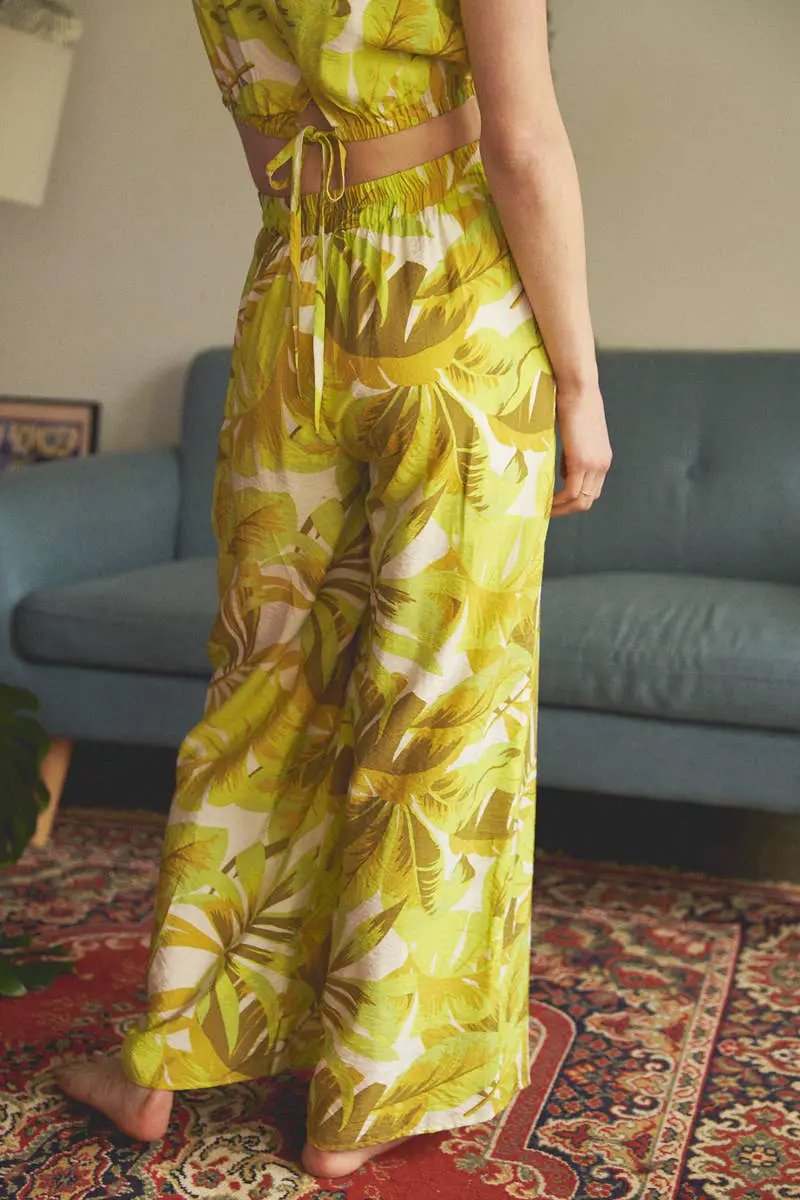 En Crème En Crème Multi Lime Printed Cropped Top and Wide Leg Pants Set - Outfit Sets crop top and wide leg pants set