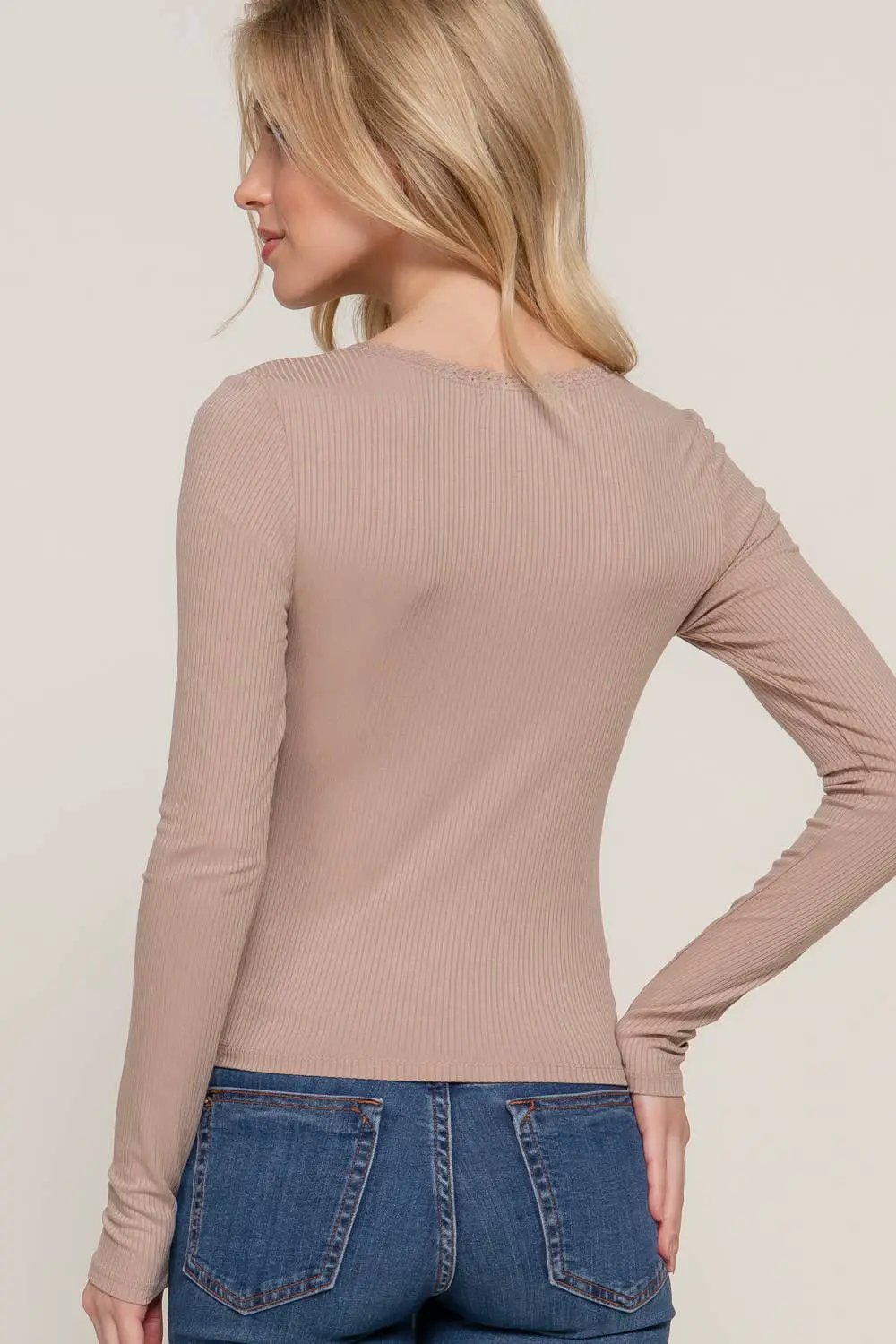 Active Basic | Active USA Active Basic | Active USA - Long Sleeve Scoop Neck with Lace Trim Rib Knit Top in Army Olive - Sweaters