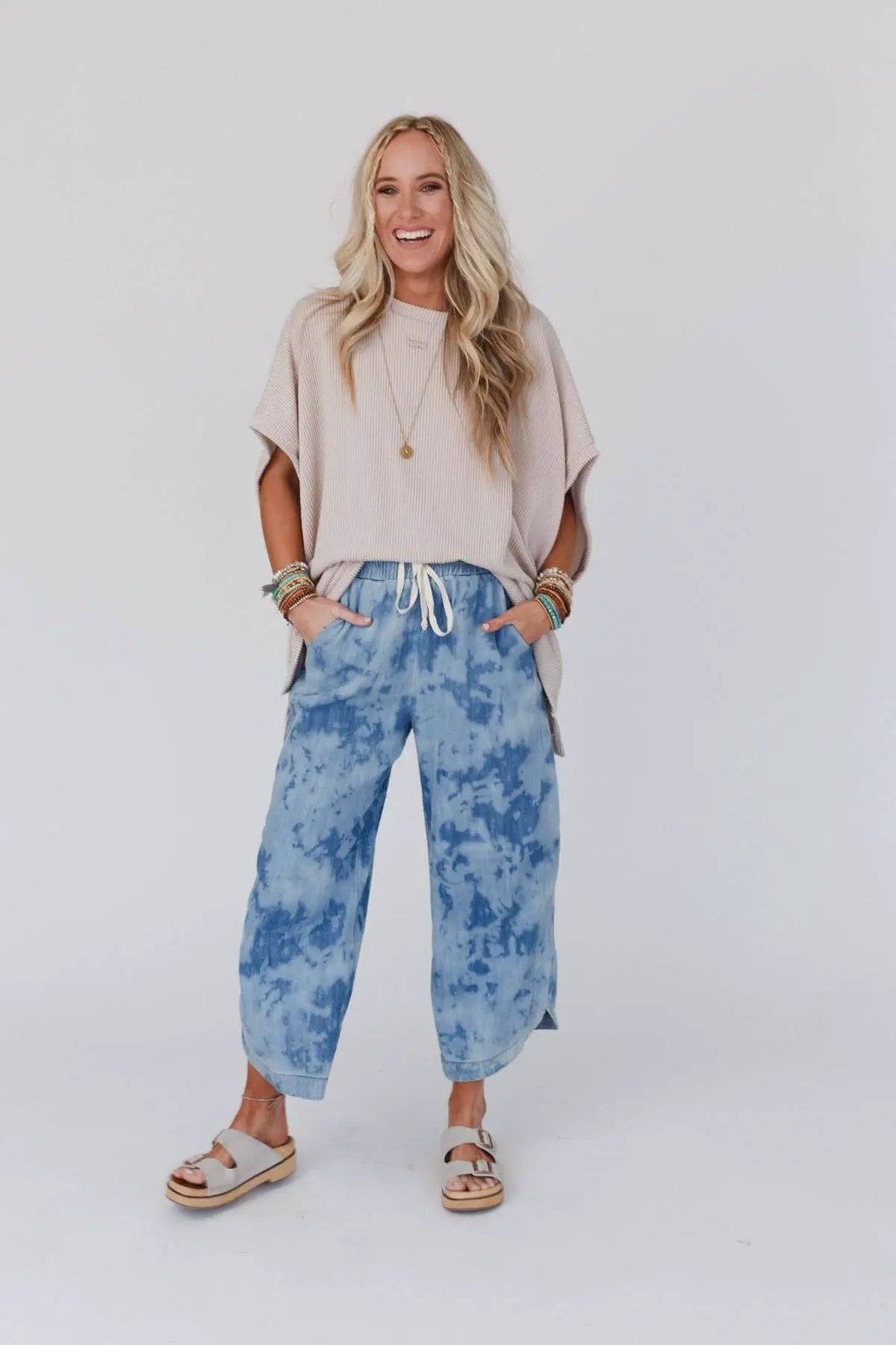 Three Bird Nest Three Bird Nest - So Comfy Wide Leg Cropped Pant - Bleach Dye Denim - Pants