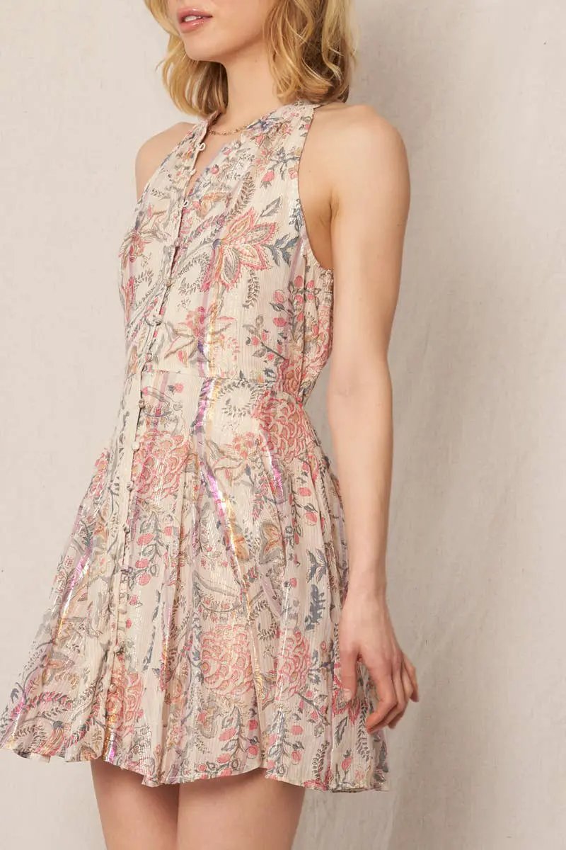 En Crème En Crème Ivory Pink Metallic & Blue Sleeveless Pleated Dress with Button Detail - Dresses sleeveless pleated dress
