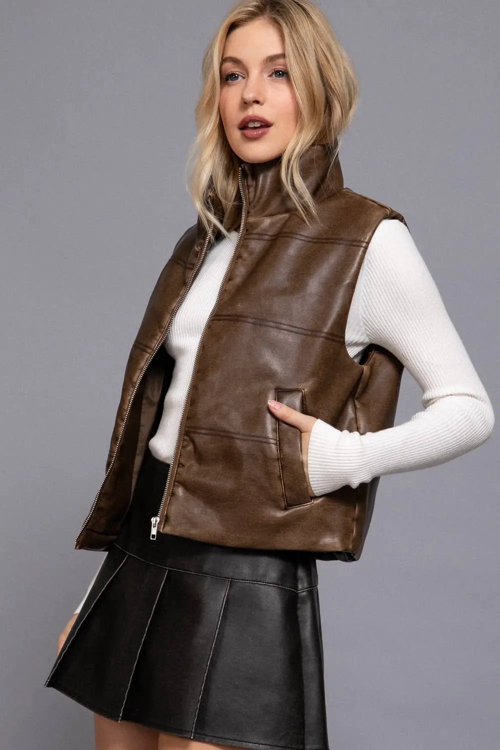 Active Basic | Active USA Active Basic | Active USA - Wash Effect Faux Leather Vest in Hazelnut - Vests Wash Effect Faux Leather Vest
