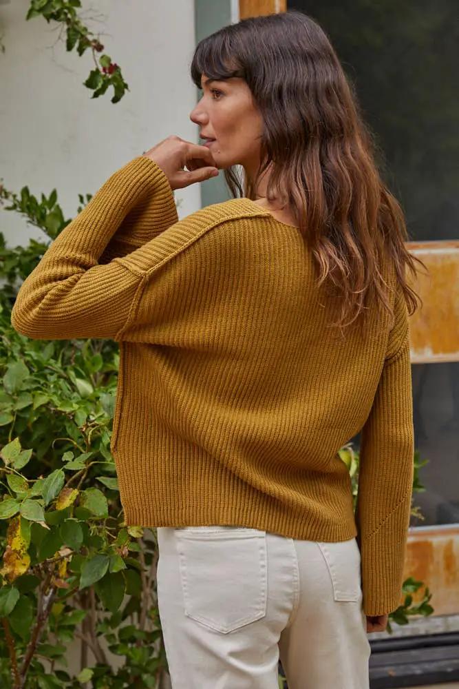 By Together Gold Bernadette Sweater - Sweaters golden mustard Knit V-Neck Long Sleeve Drop Shoulder Side Slit Loose Fit Sweater Top