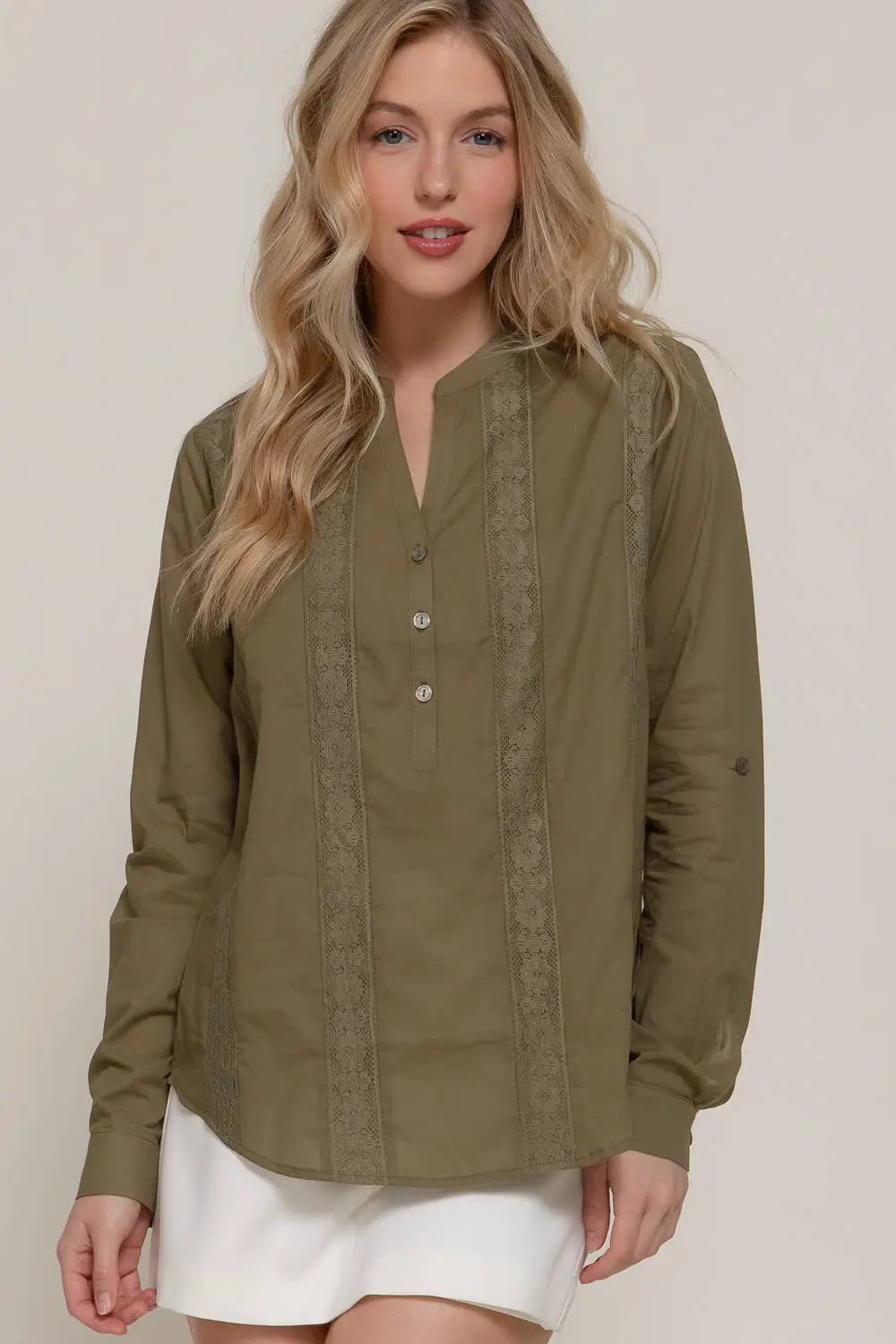 Active Basic | Active USA Active Basic | Active USA - Light Olive Long Sleeve Lace Panel Woven Blouse - Blouses