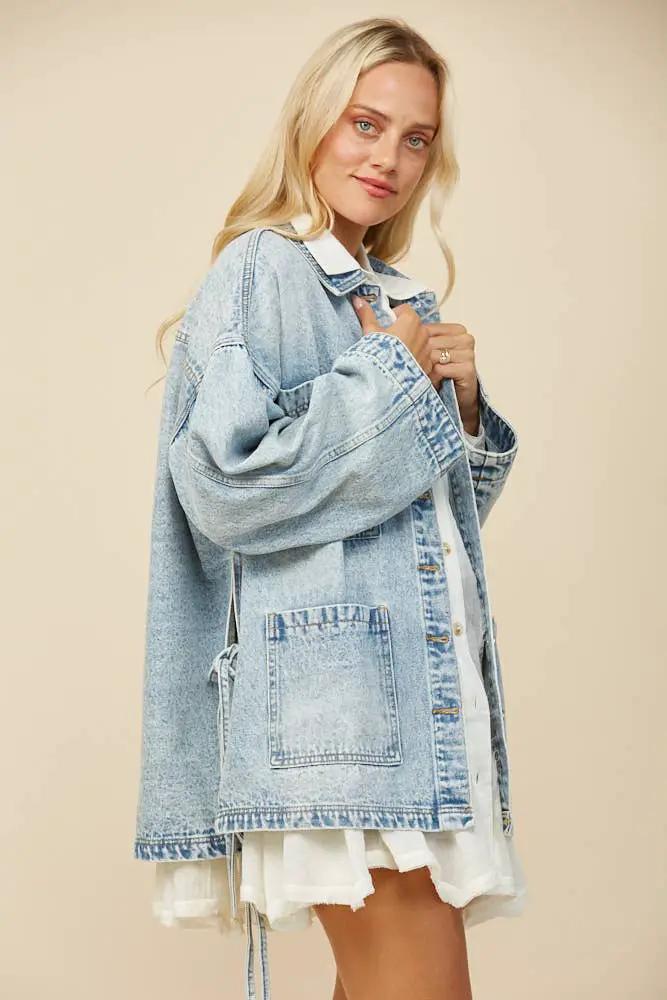 WISTERIA LANE Wisteria Lane - Free Spirit Side-Tie Oversized Light Wash Denim Jacket - Coats & Jackets