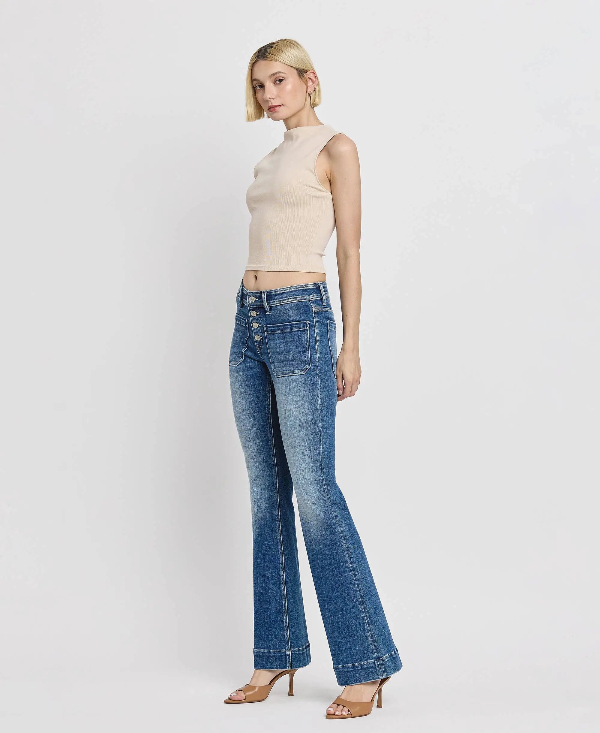 VERVET by FLYING MONKEY Mid Rise Trouser Hem Flare Jeans - Jeans
