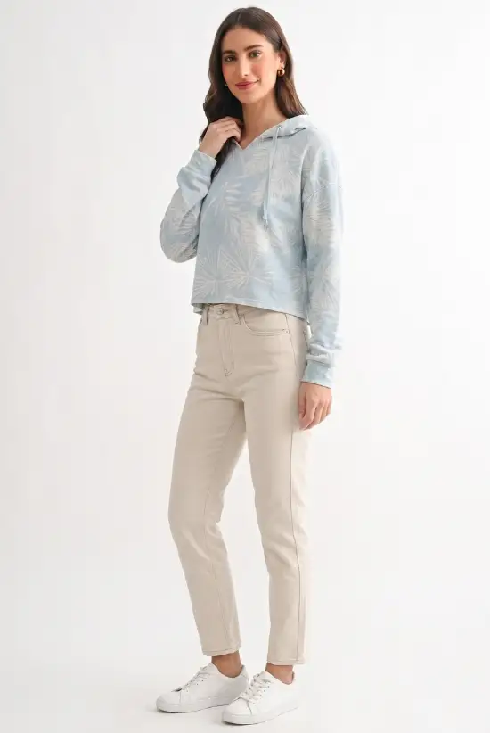 Camellia Dusty Sage French Terry Cropped Hoodie With Tropical Leaf Print - Hoodies