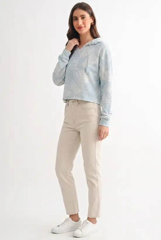 Camellia Dusty Sage French Terry Cropped Hoodie With Tropical Leaf Print - Hoodies
